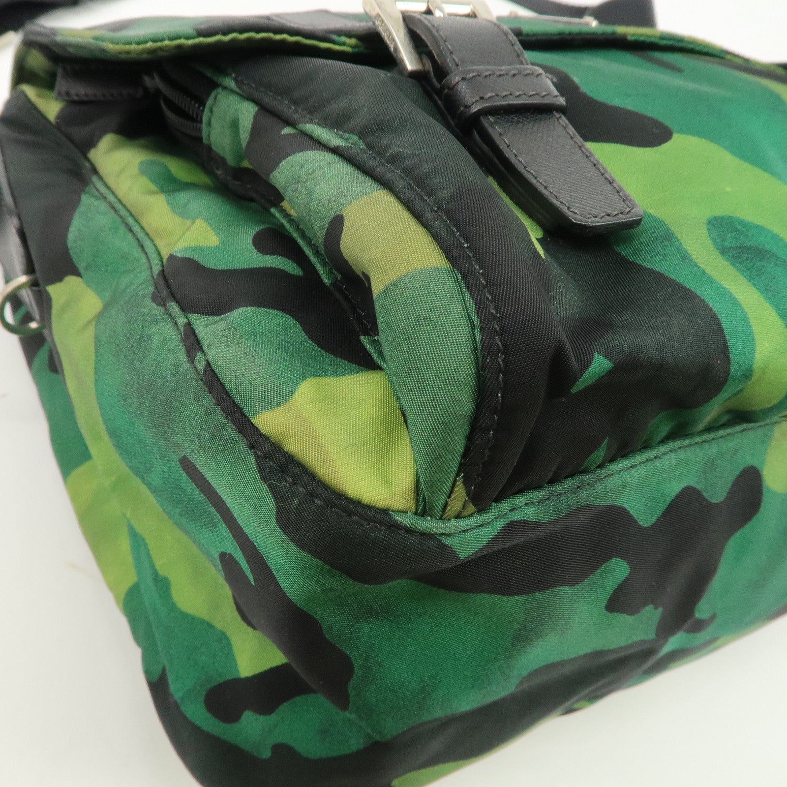 PRADA Logo Nylon Leather Camouflage Shoulder Bag Green Black Used