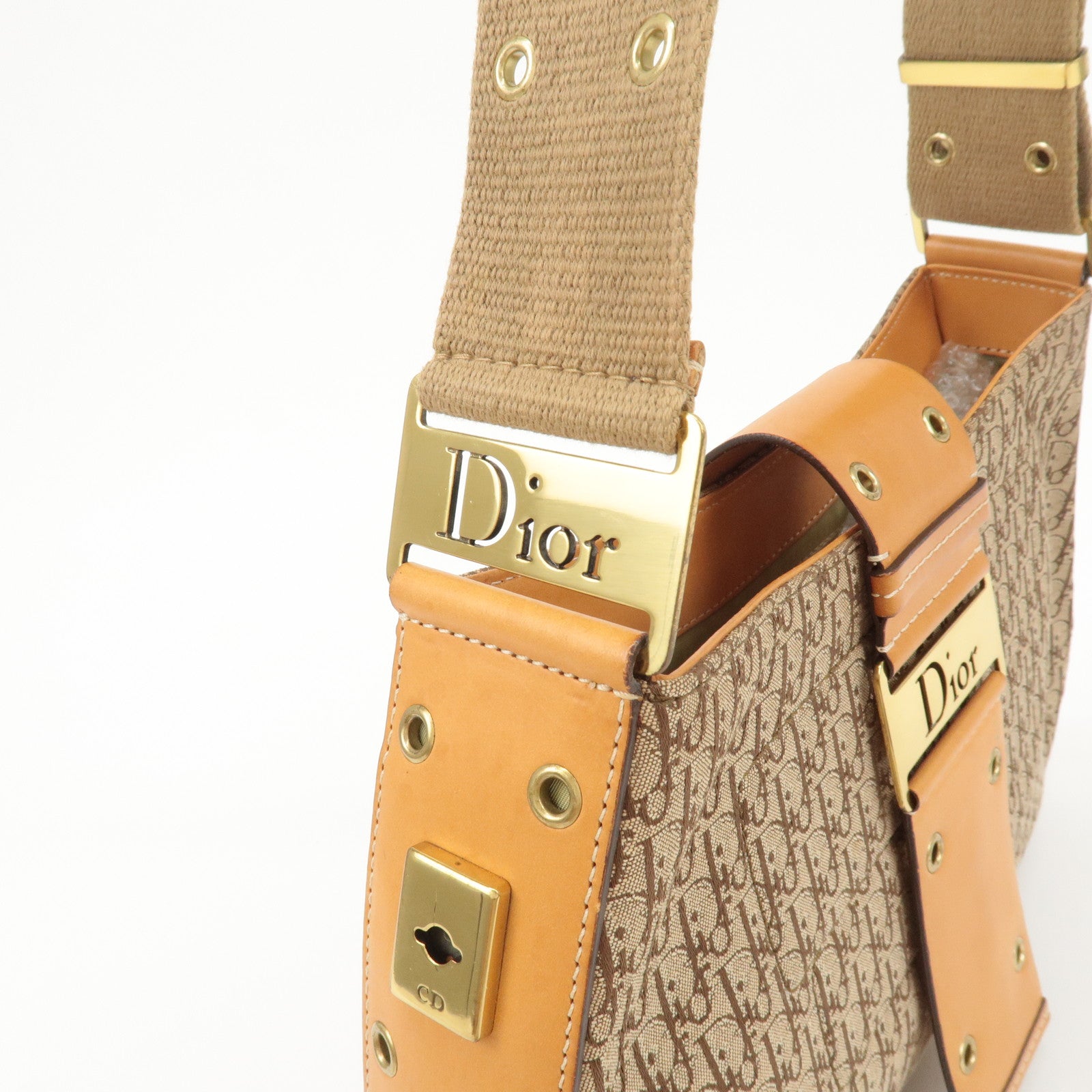 Christian Dior Trotter Canvas Leather Shoulder Bag Beige Brown