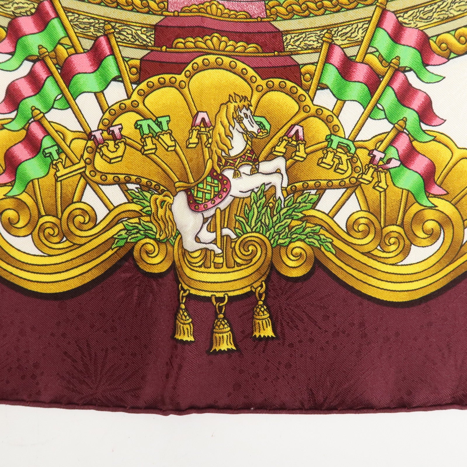 HERMES Carre 90 Silk 100% Scarf LUNA PARK Wine Red White Yellow Used