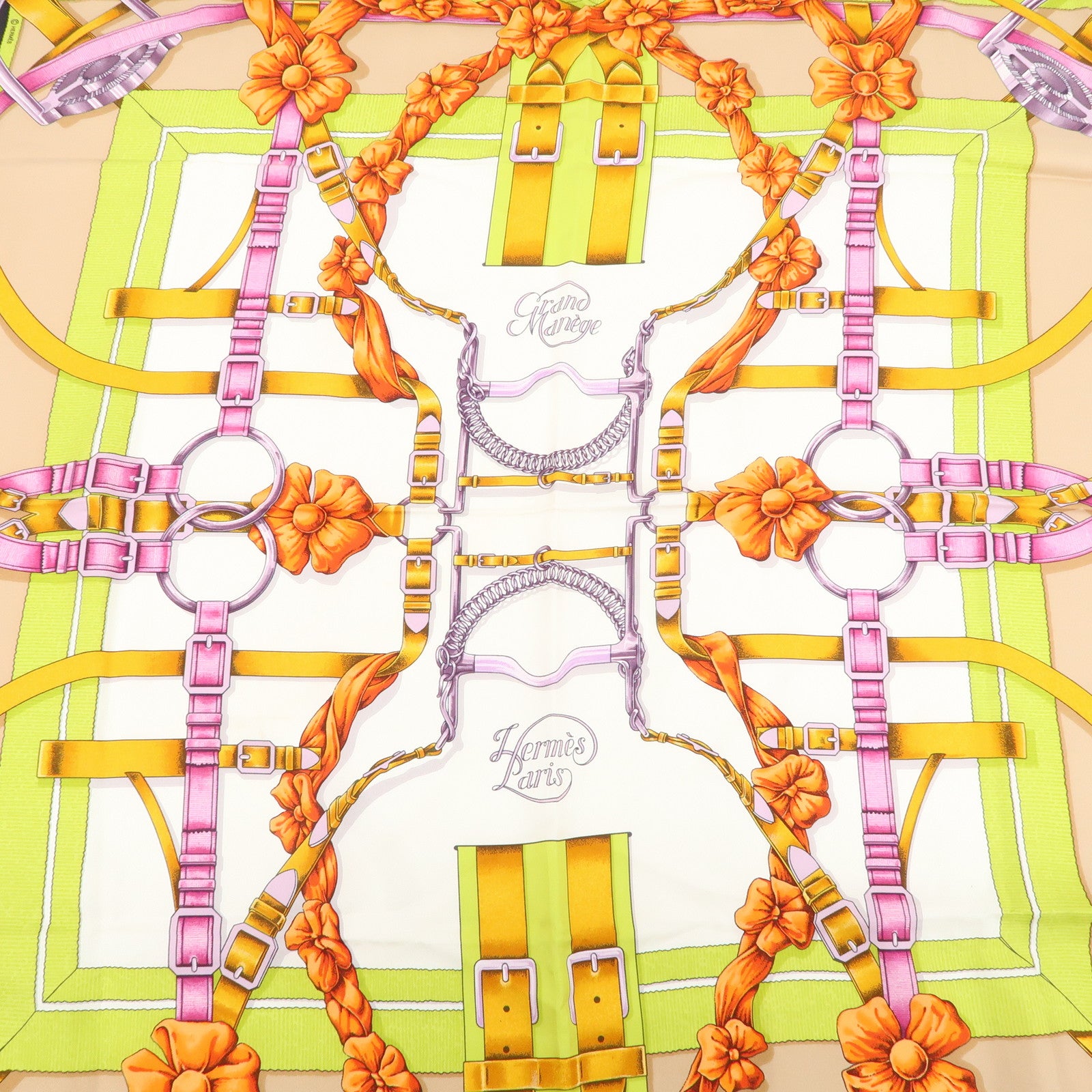 HERMES Carre 90 Silk 100% Scarf Crano Manege Black White Orange