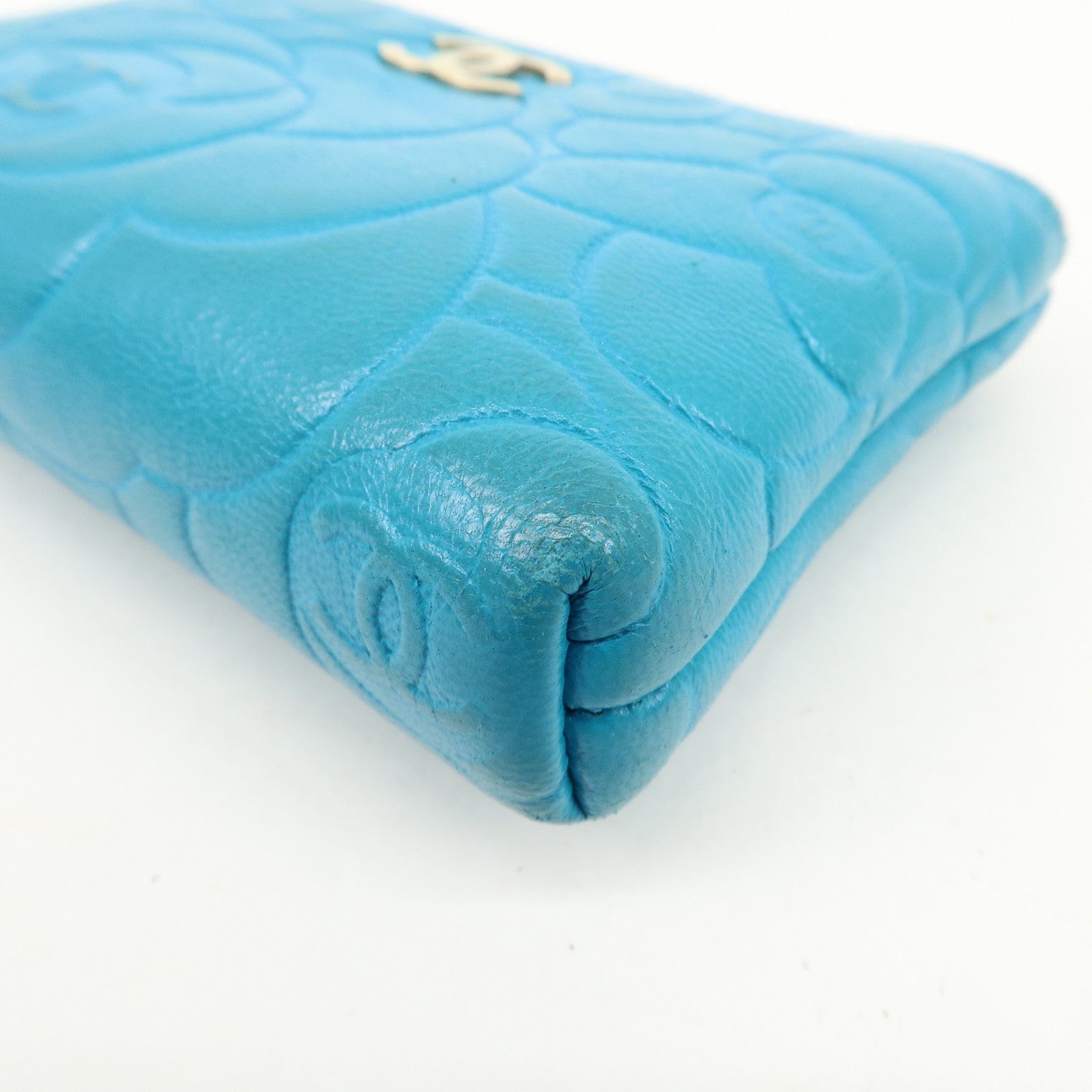 CHANEL Camellia Coco Mark Lamb Skin Coin Case Blue A50090