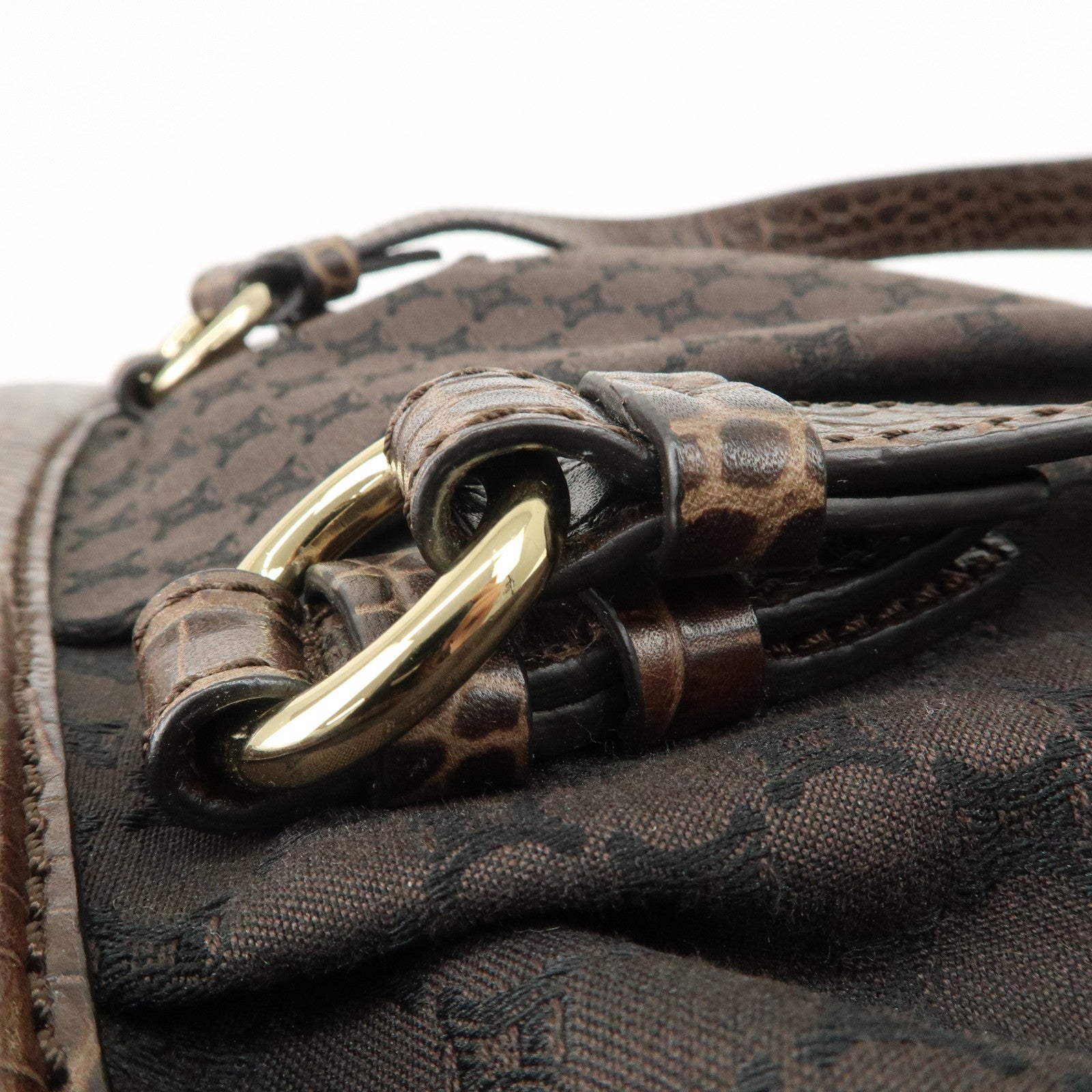 CELINE Macadam Canvas Leather Shoulder Bag Fringe Brown Used