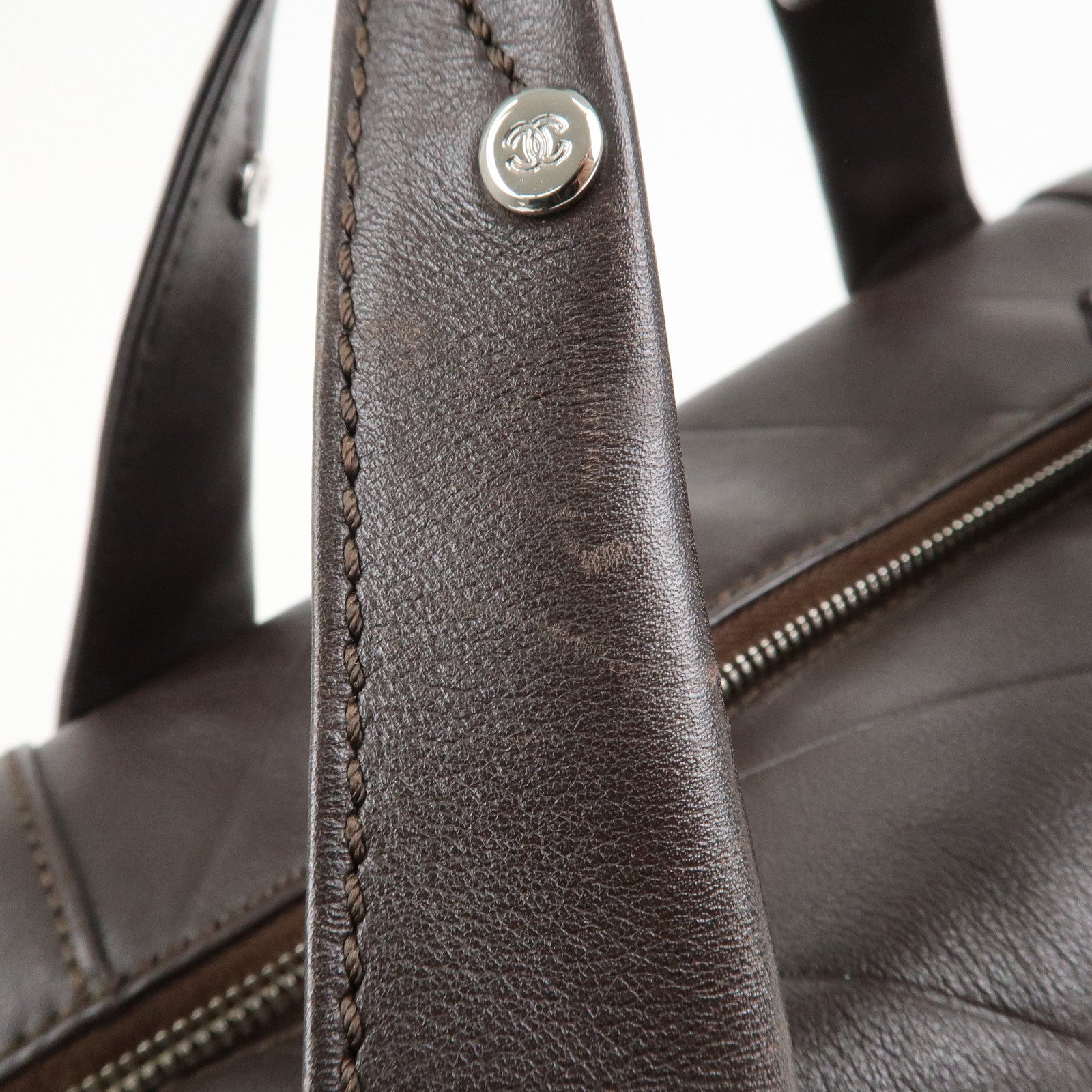 CHANEL COCO Mark Shevron Lamb Skin V Stich Tote Bag Dark Brown Used