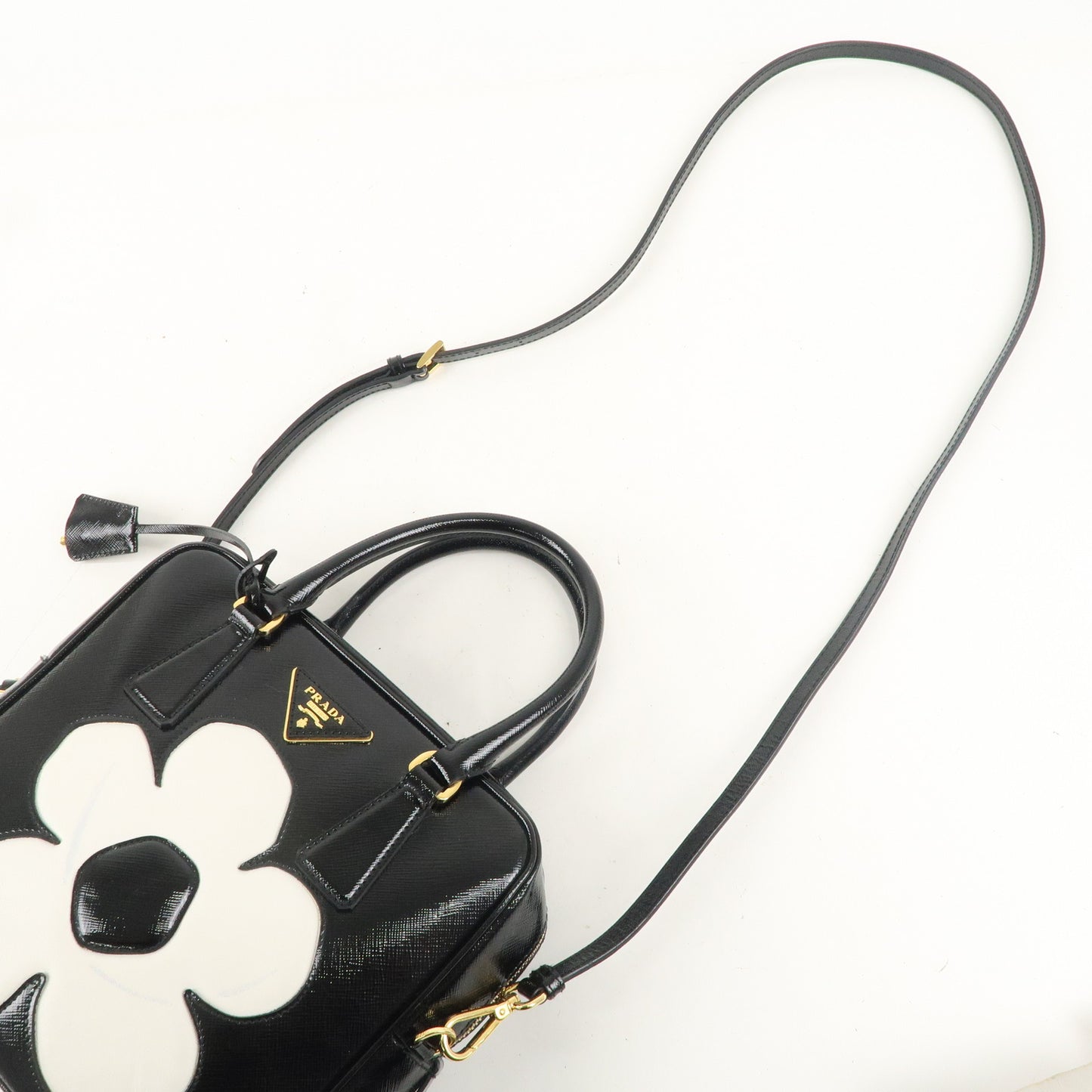 PRADA Saffiano Vernis Leather Flower 2Way Shoulder Hand Bag Black