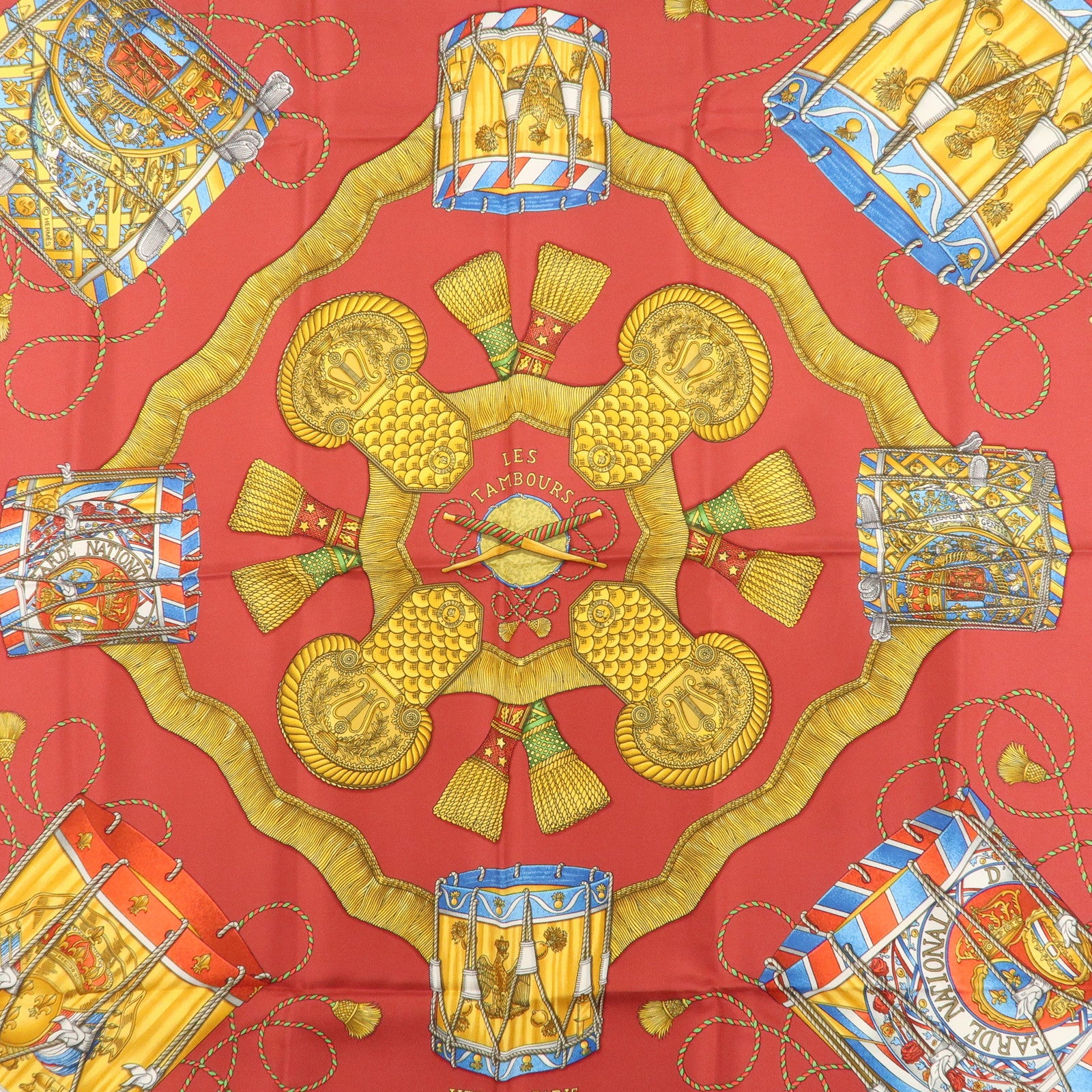 HERMES Carre 90 100% Silk Scarf LES TAMBOURS Drum Print Wine Red Used