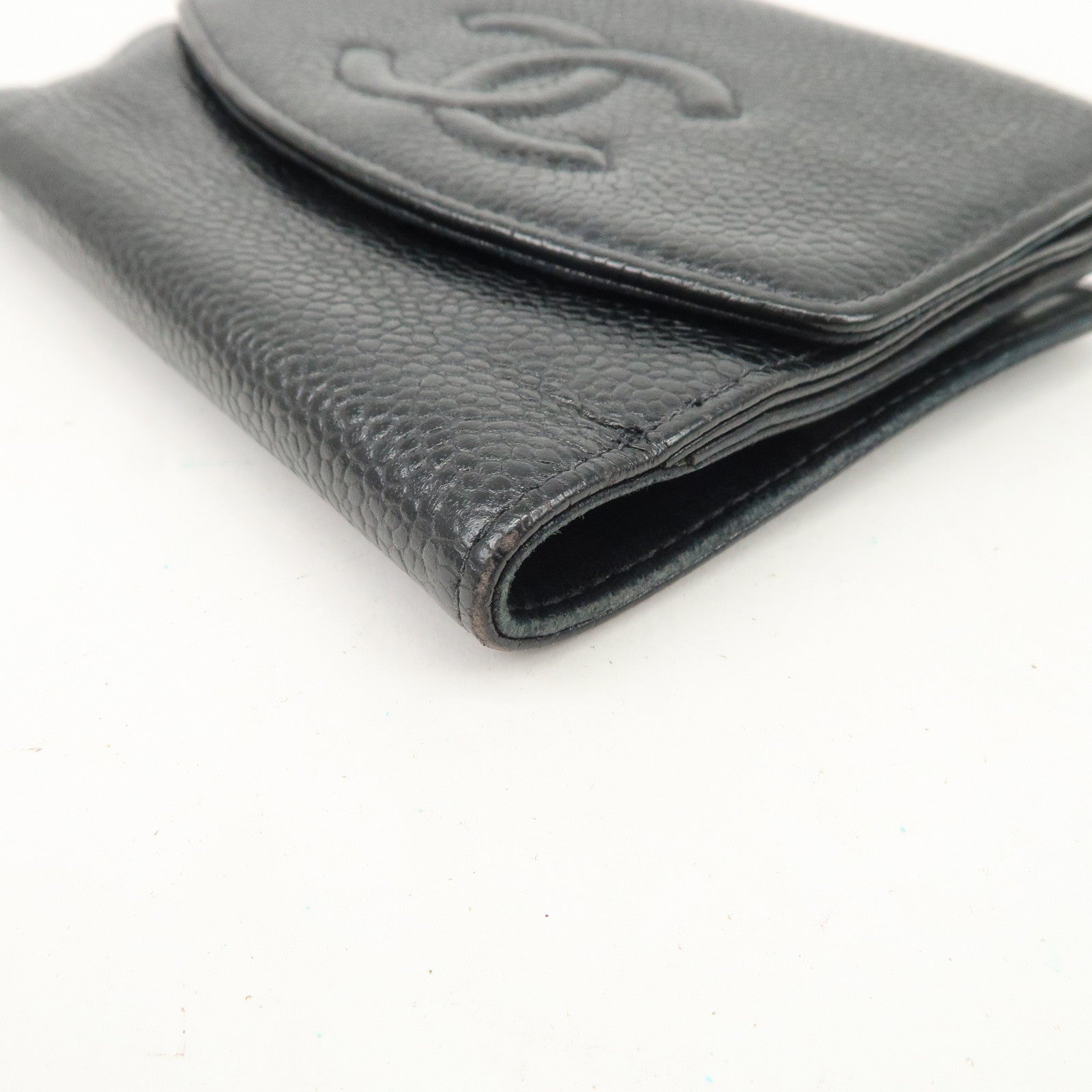 CHANEL COCO Mark Caviar Skin Double Hook Wallet Black A13496 Used