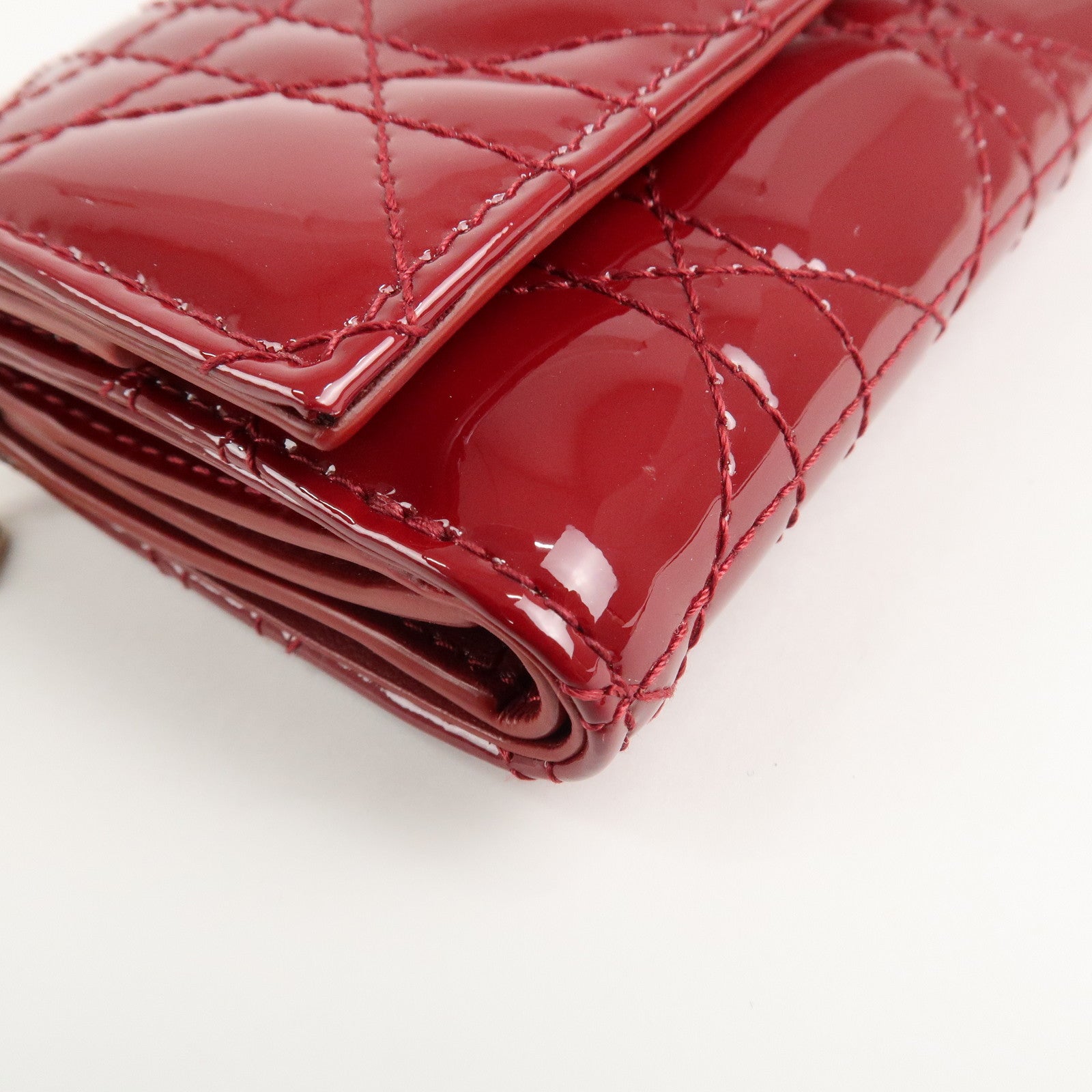 Christian Dior Cannage Lady Dior Leather Lotus Tri fold Wallet Red Used