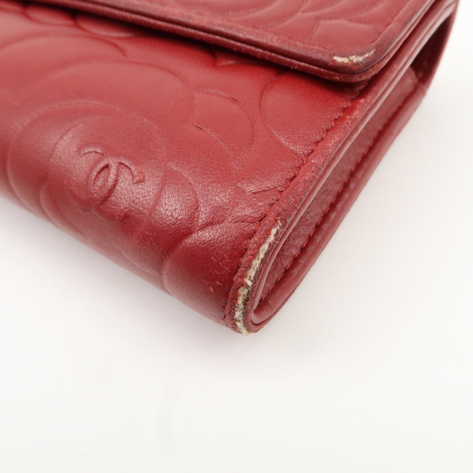 CHANEL Camelia Lamb Skin Bi-fold Long Wallet Red Used