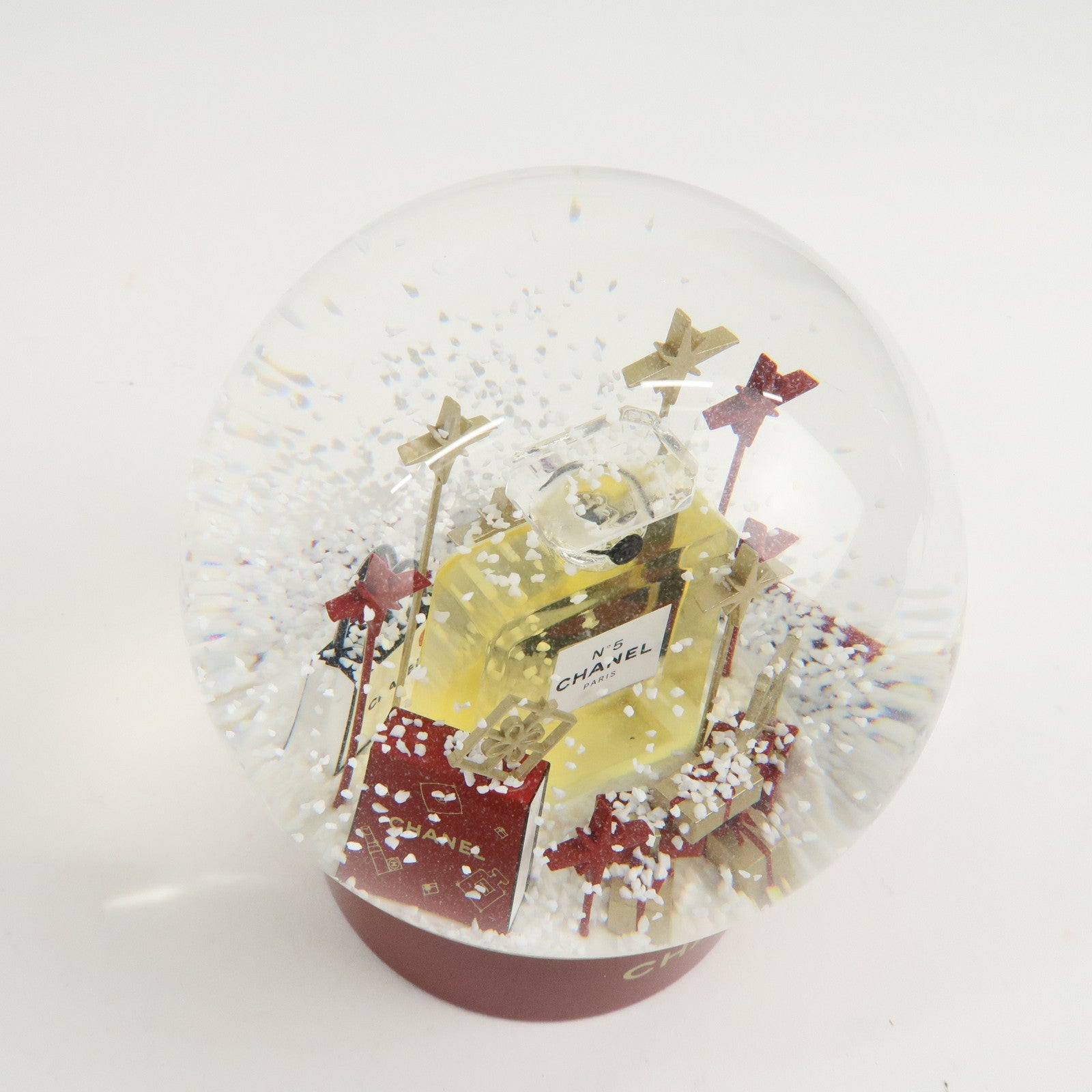 CHANEL Glass Snow Globe Snow Dome 2022 Novelty Red White Gold Used