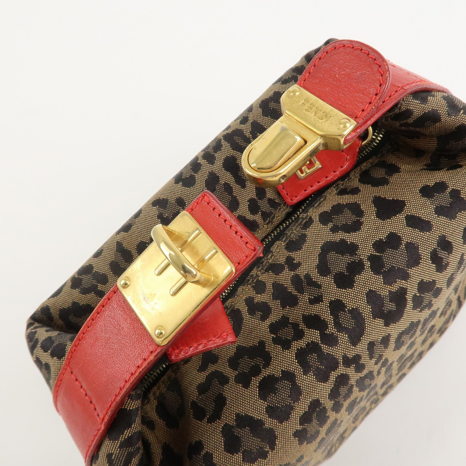 FENDI Canvas Leather Leopard Vanity Bag Pouch Brown Red 26360