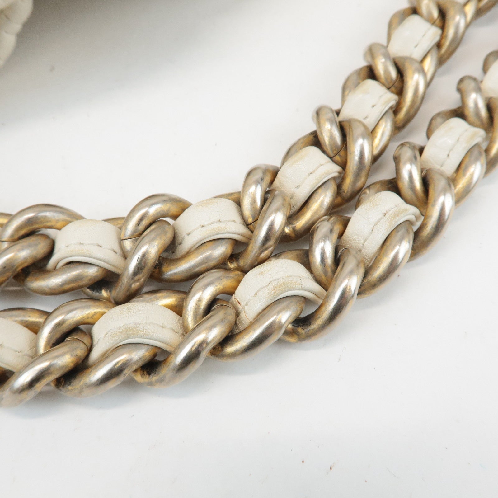 CHANEL Leather Quilting Chain Tote Bag White Used