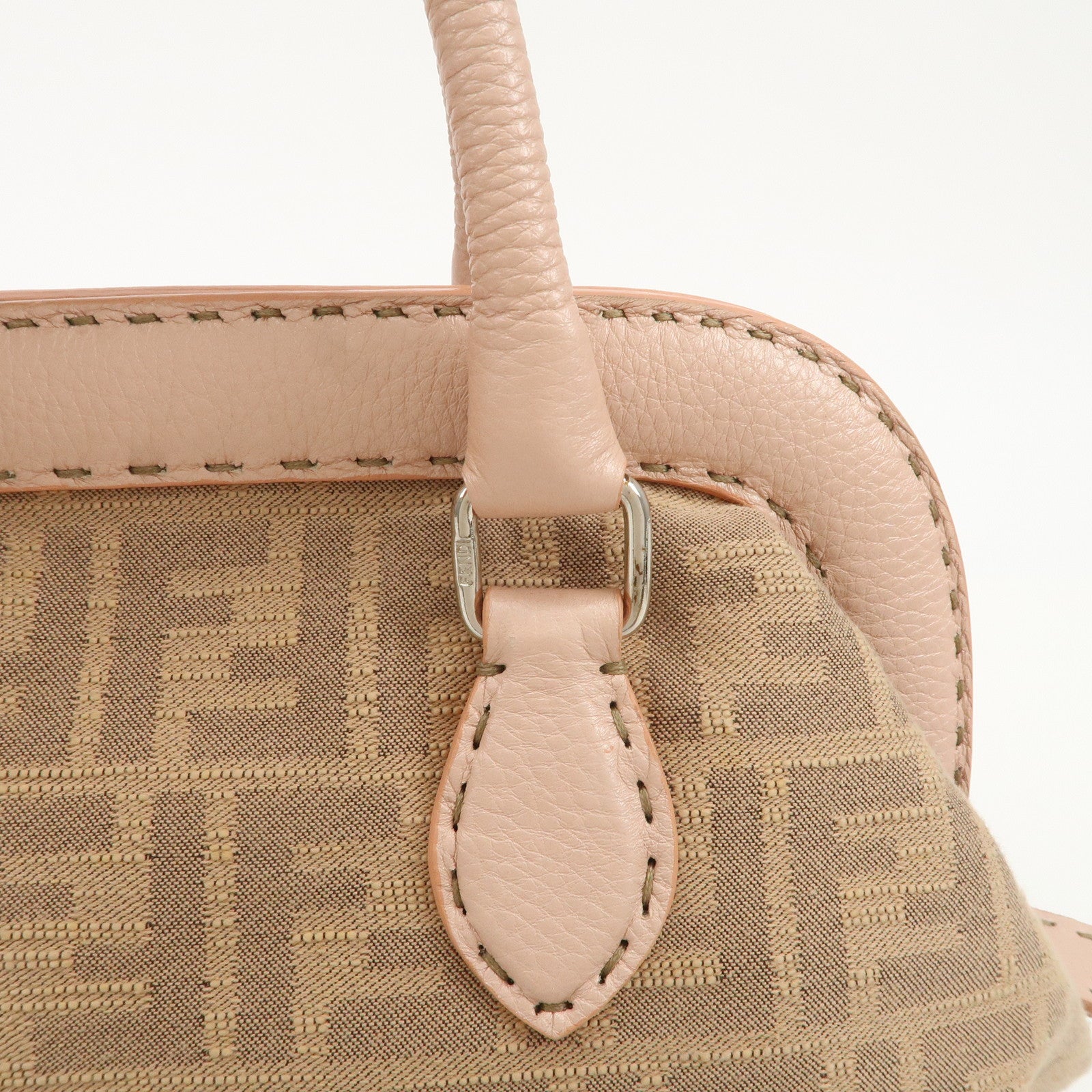 FENDI Zucca Selleria Canvas Leather Hand Bag Beige Pink 8BN123 Used