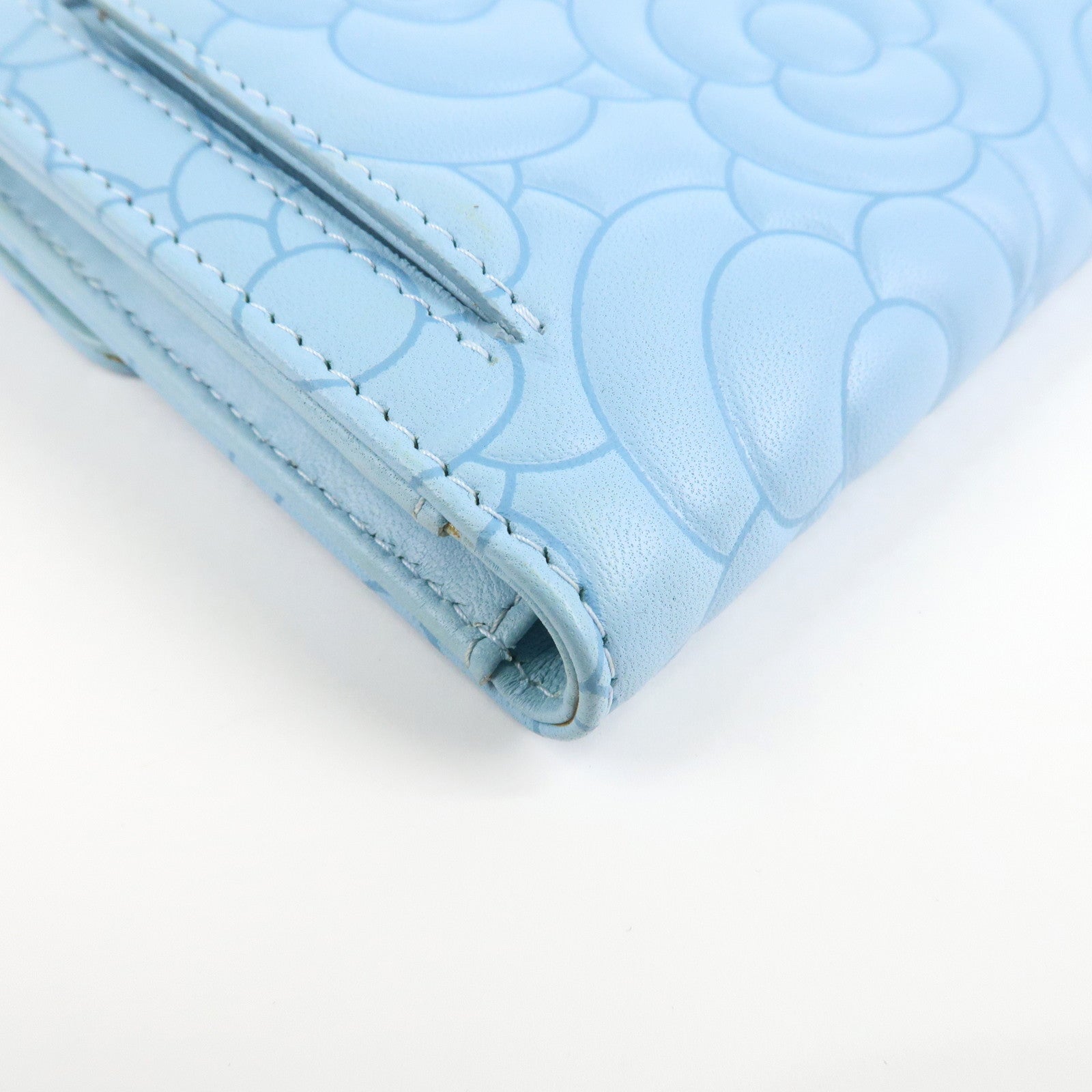 CHANEL Camelia Lamb Skin Bi-fold Wallet Blue