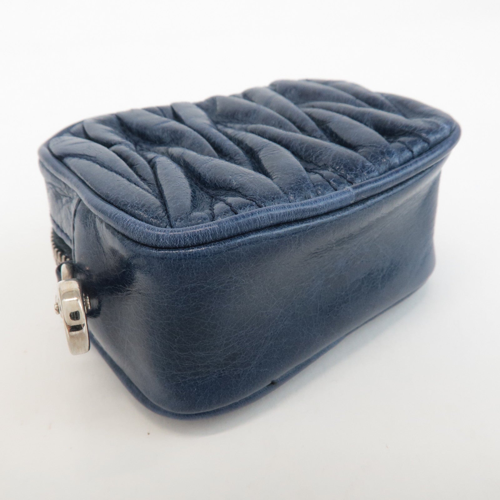 MIU MIU Matelasse Leather Pouch Blue Silver Hardware 5M1353