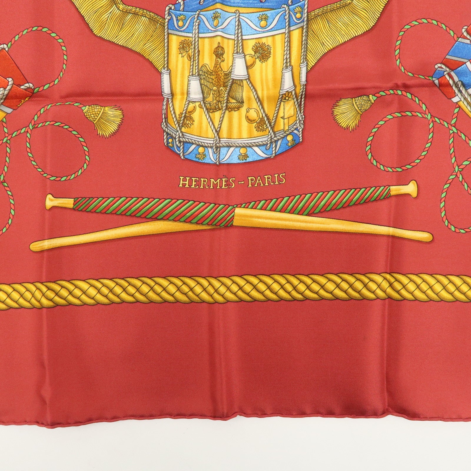 HERMES Carre 90 100% Silk Scarf LES TAMBOURS Drum Print Wine Red Used