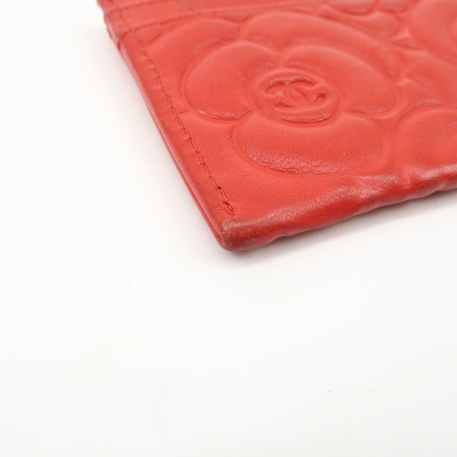 CHANEL Camellia Lambskin Embossed Card Case Red A3173855