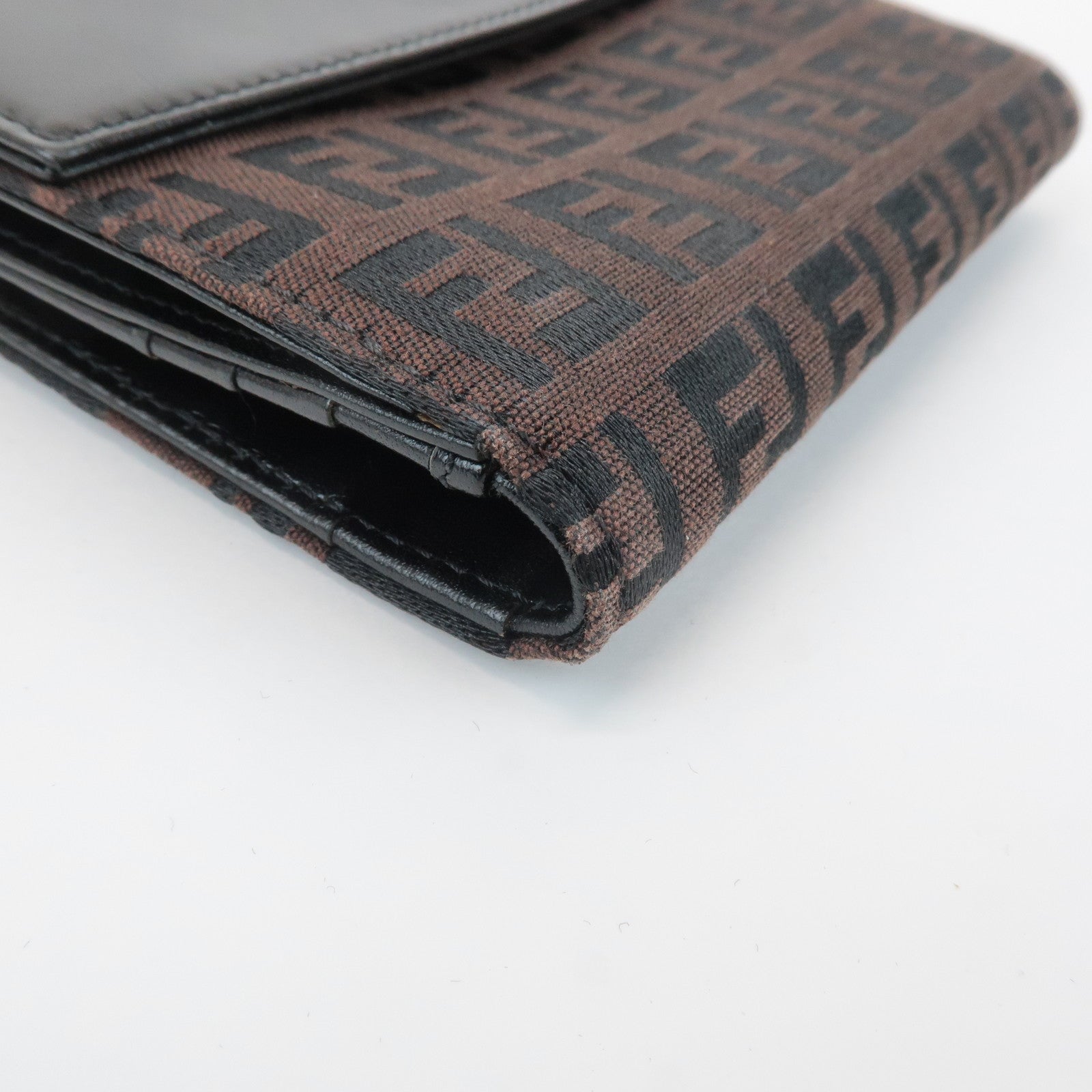 FENDI Zucca Canvas Leather Double Hook Wallet Brown Black 8M0035 Used