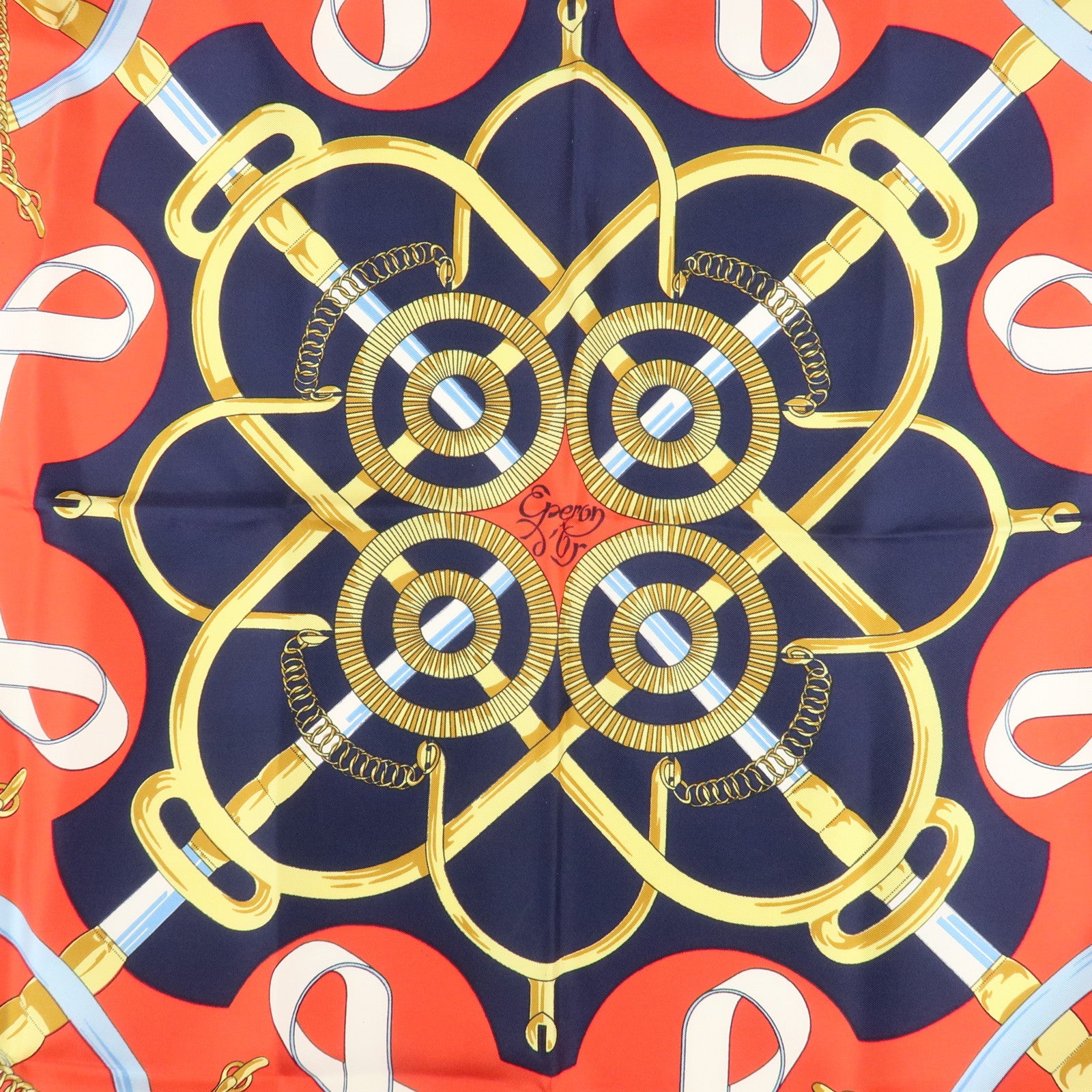 HERMES Carre 90 100% Silk Scarf Eperon d'or Red Navy Gold Used