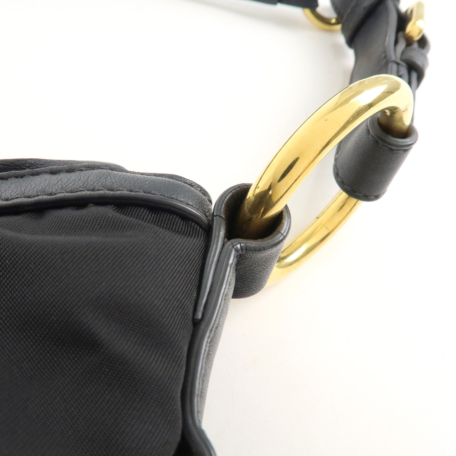 PRADA Nylon Leather Shoulder Bag Black Gold Hardware