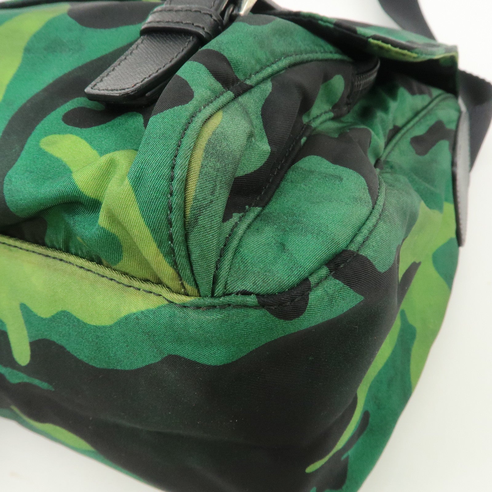 PRADA Logo Nylon Leather Camouflage Shoulder Bag Green Black Used