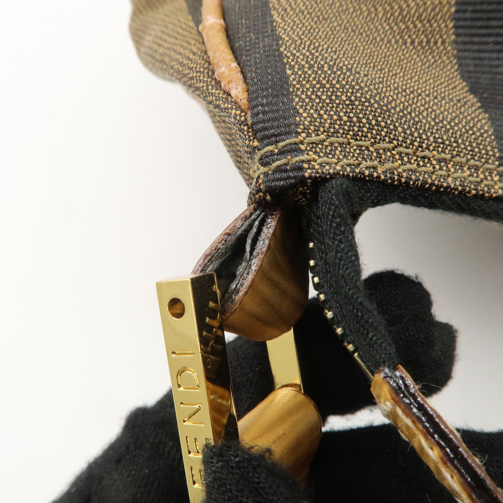 FENDI Pequin Canvas Leather Shoulder Bag Brown Black Used