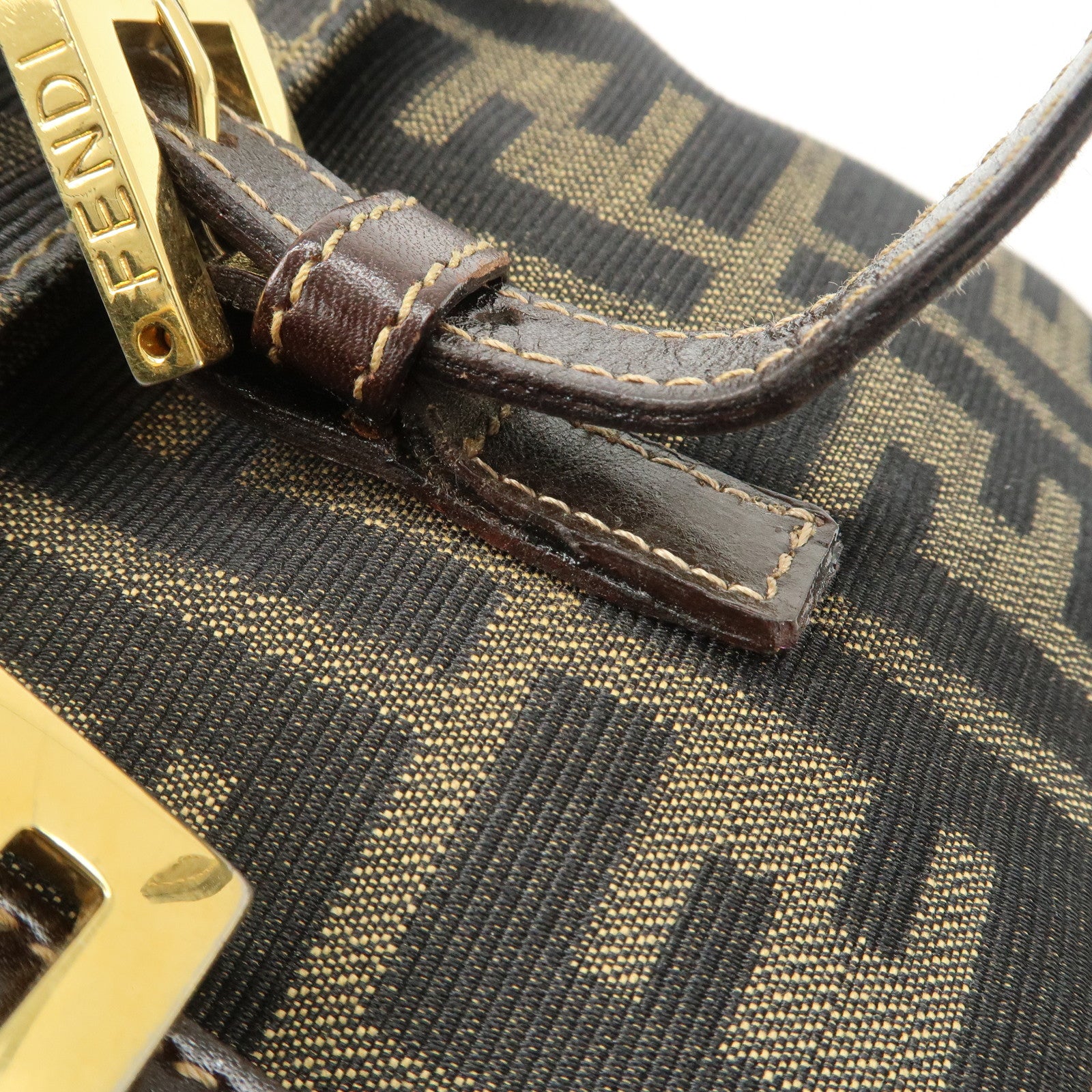 FENDI Zucca Canvas Leather Hand Bag Brown Black Gold Hardware Used