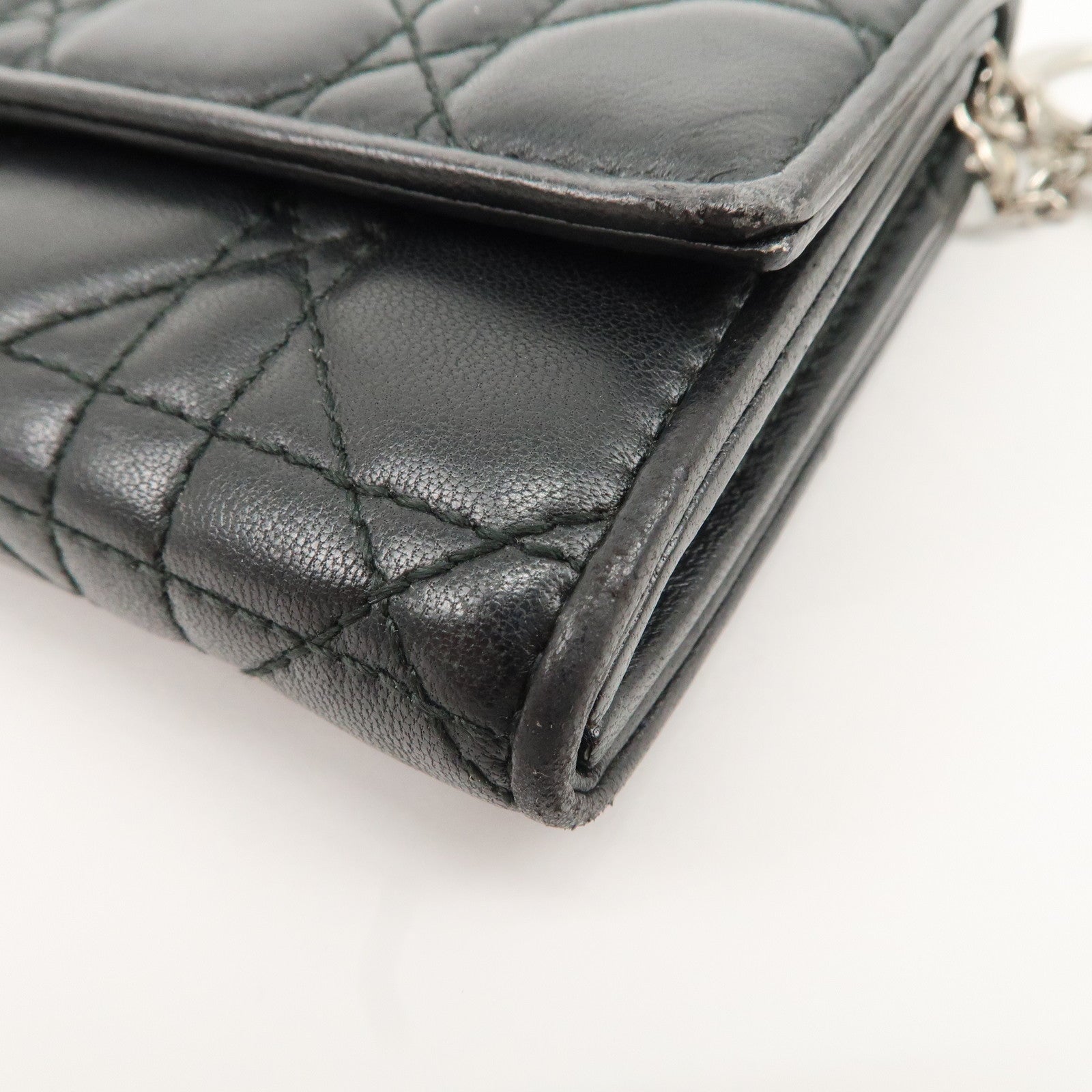 Christian Dior Cannage Leather Chain Long Wallet WOC Black