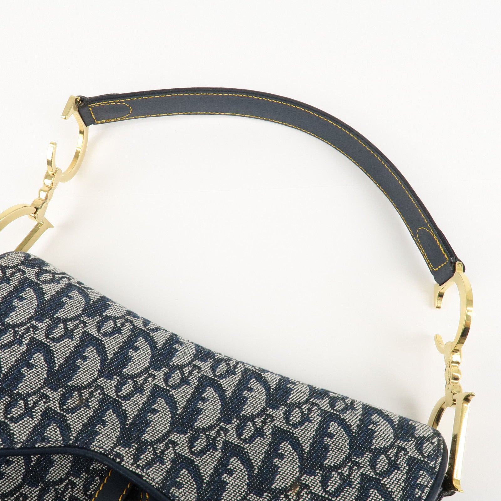 Christian Dior Trotter Jacquard Leather Saddle Shoulder Bag Navy Used