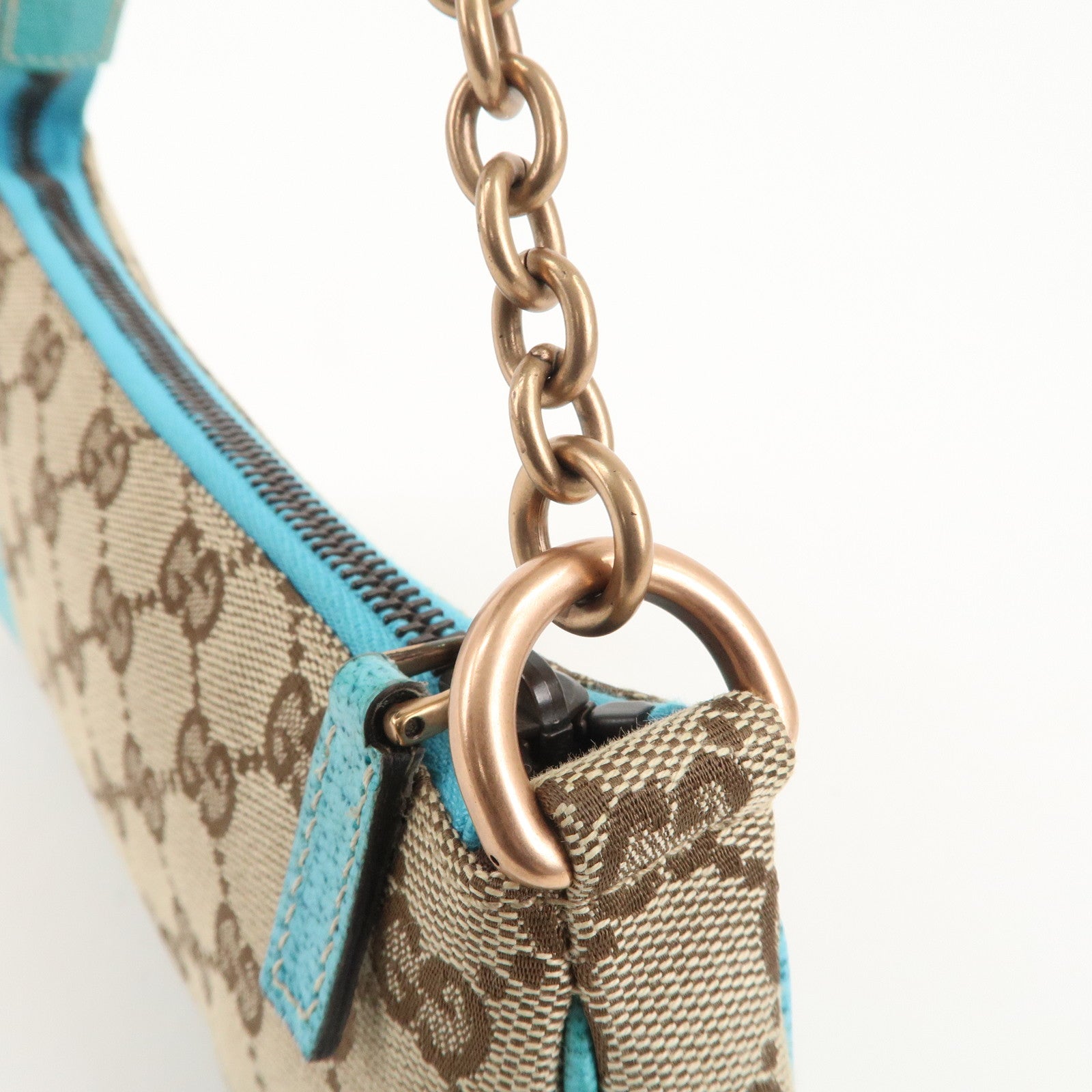 GUCCI GG Canvas Leather Chain Hand Bag Pouch Beige Blue 120940