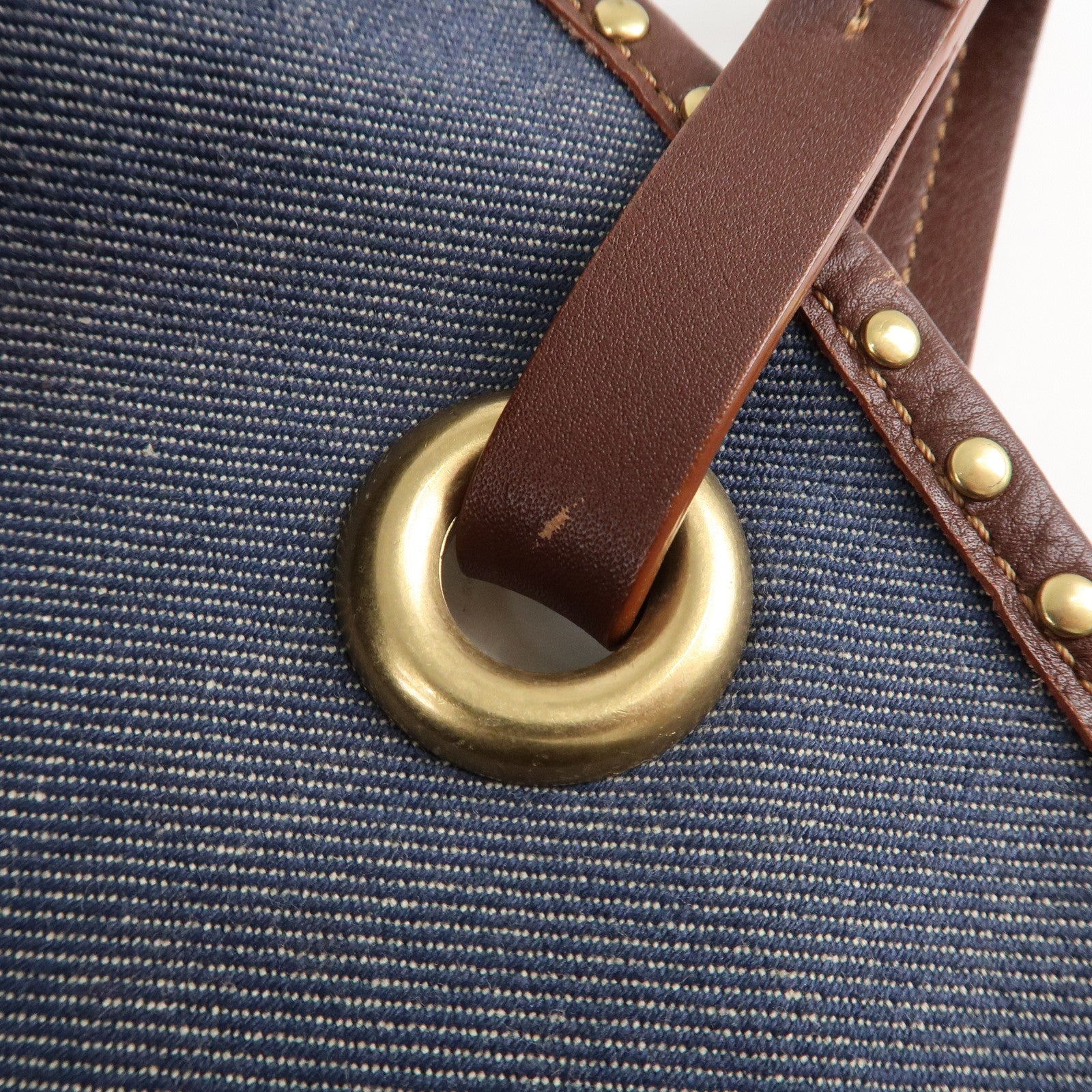 CELINE Macadam Denim Leather Studs Tote Bag Navy Brown Used