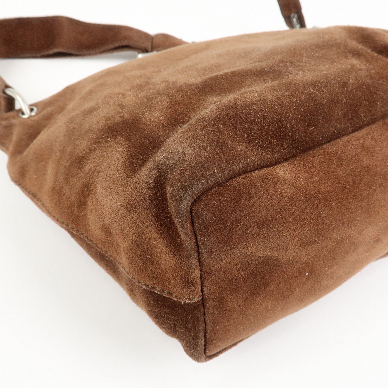 CELINE Suede Leather Shoulder Bag Macadam Engraved Flower Brown Used