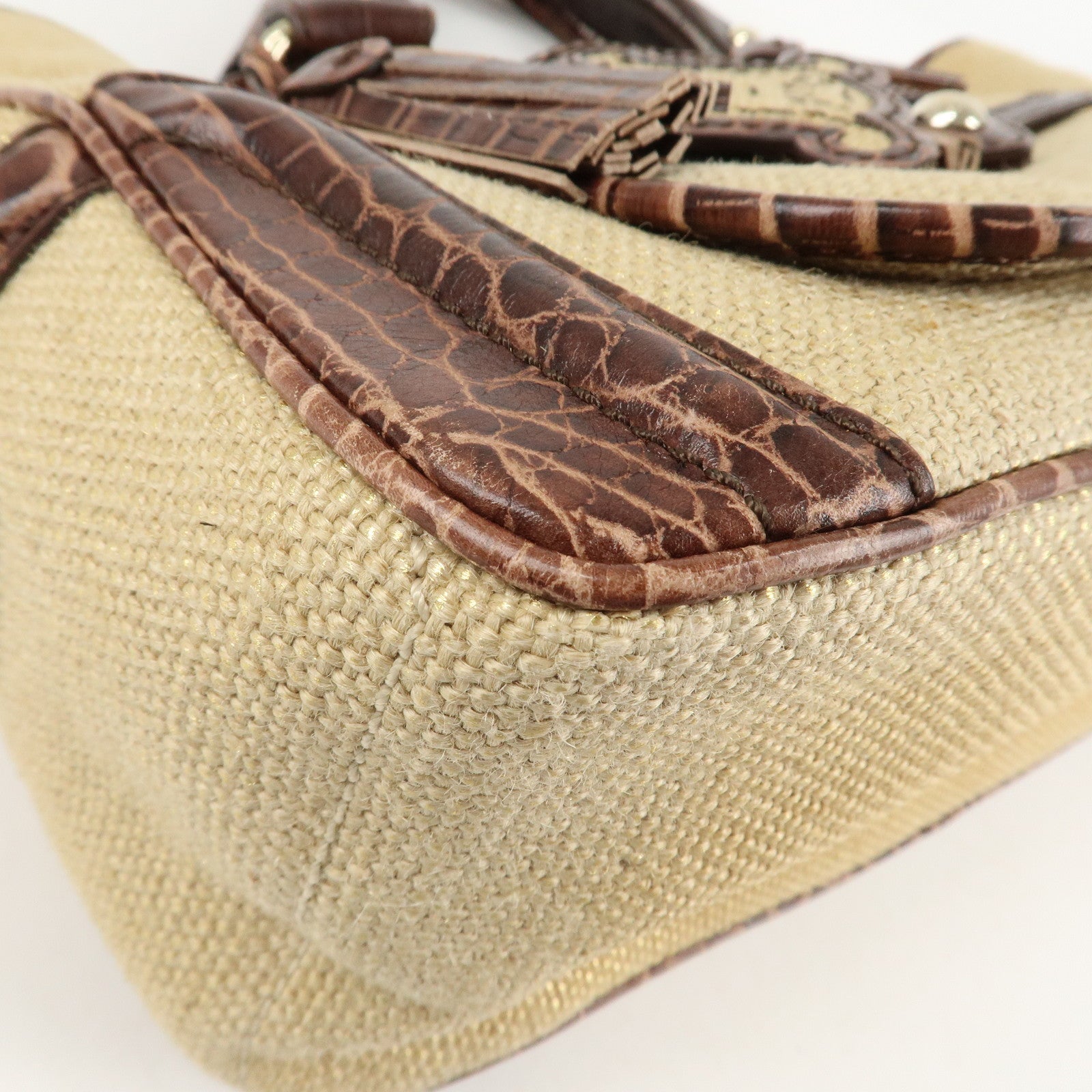 CELINE Straw Leather Boogie Bag Hand Bag Beige Brown Gold HDW Used