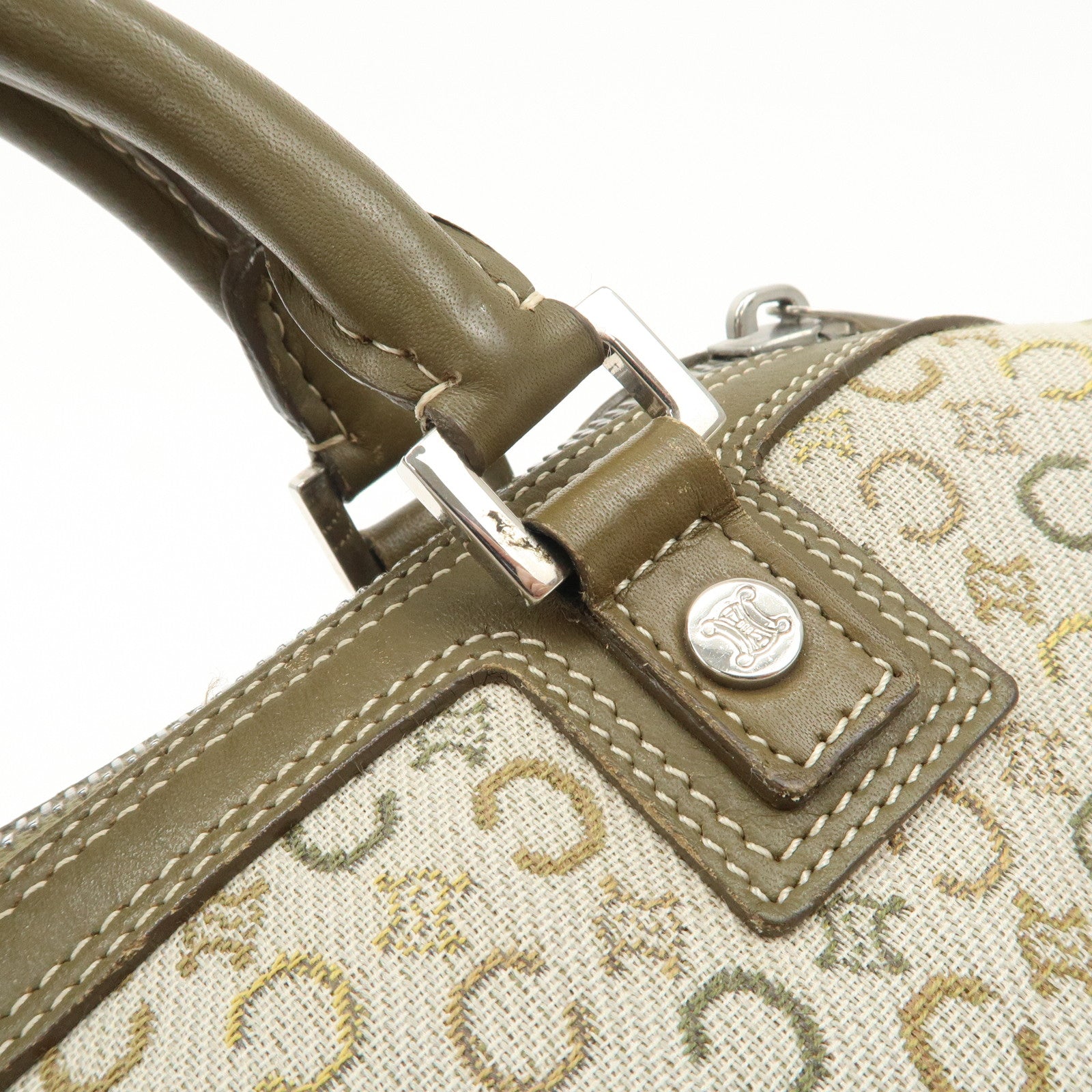 CELINE C Macadam Canvas Leather Mini Boston Bag Ivory Khaki Used