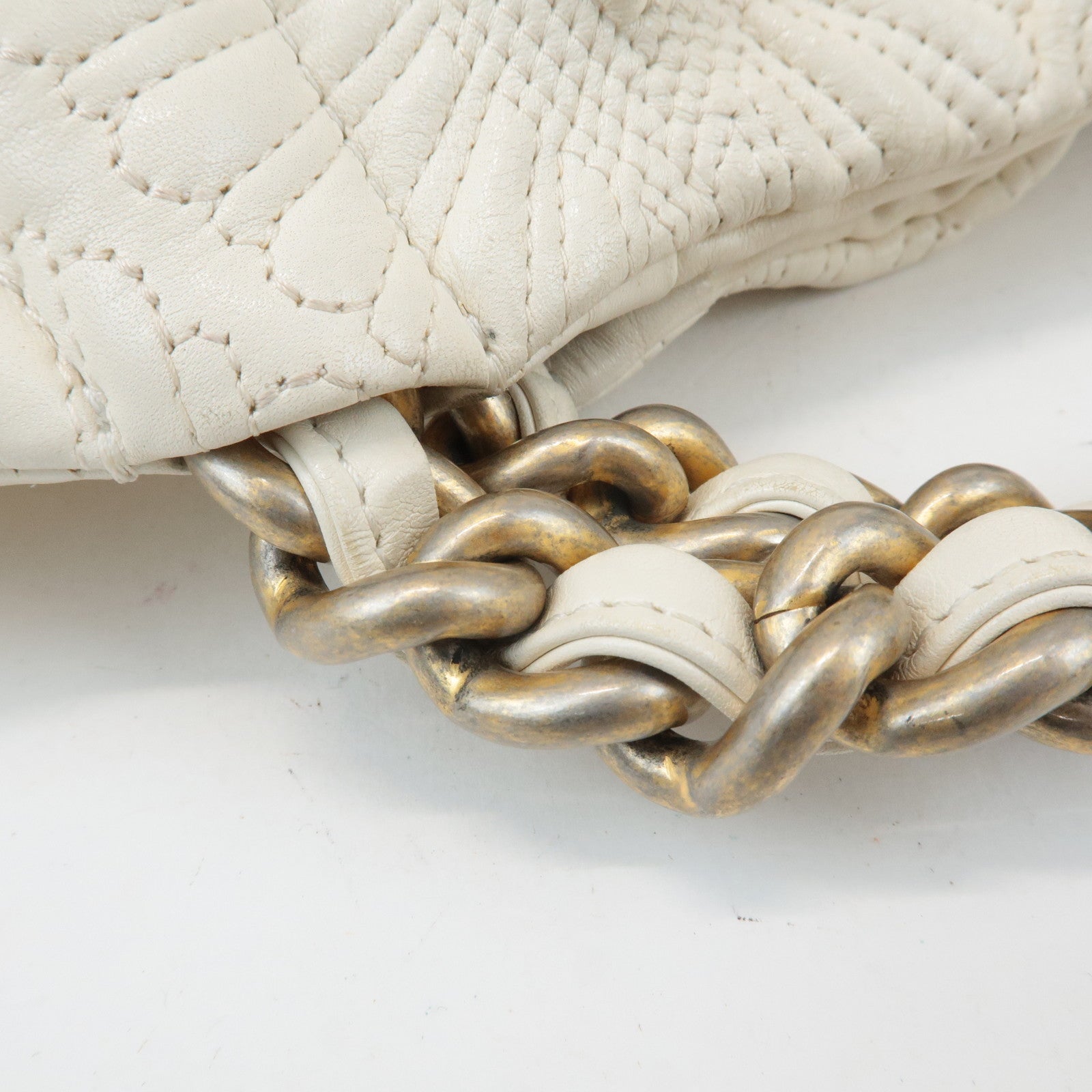 CHANEL Leather Quilting Chain Tote Bag White Used