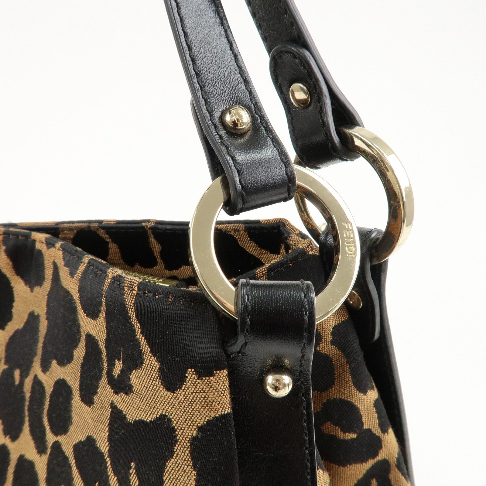 FENDI Canvas Leather Shoulder Bag Tote Bag Leopard 8BR652