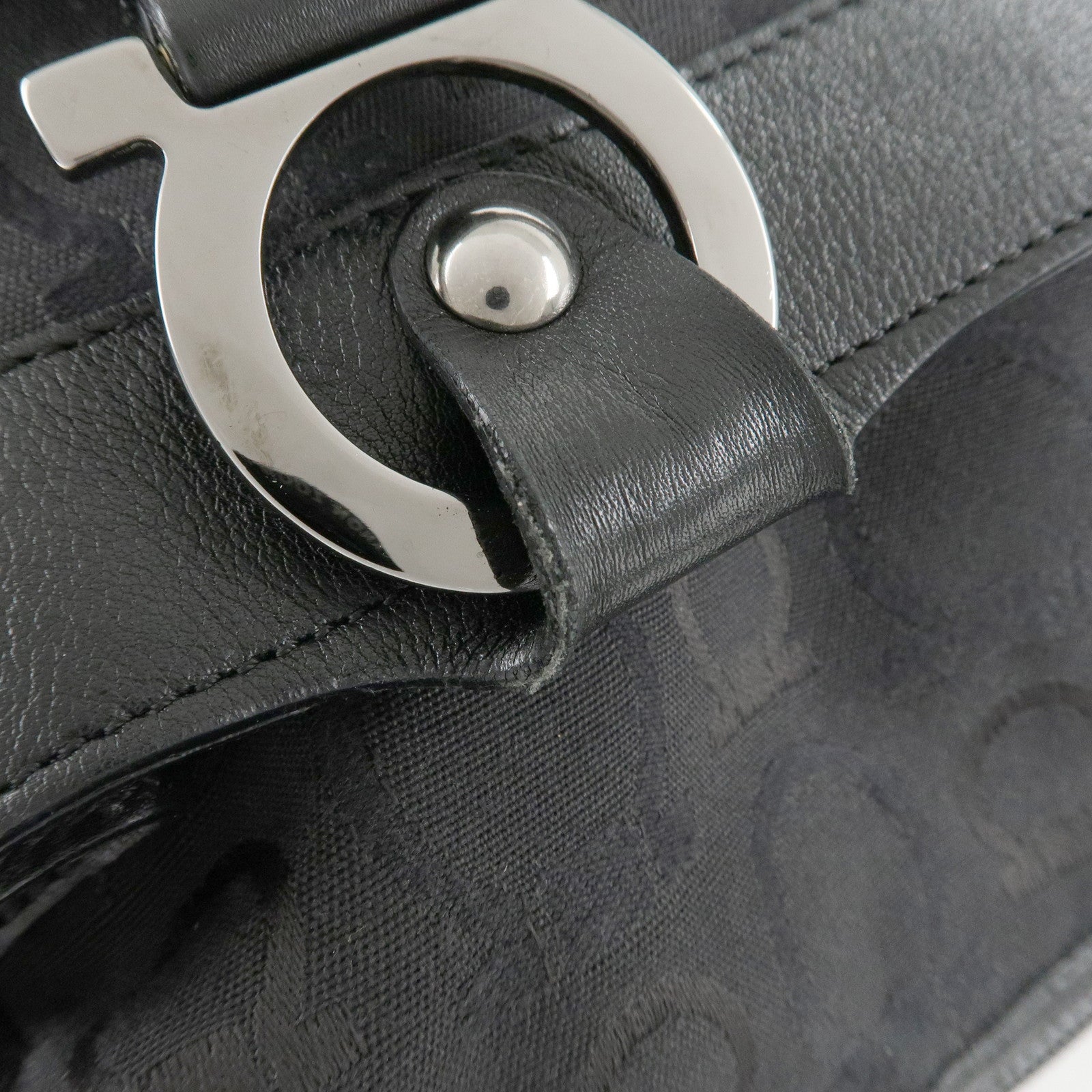 Ferragamo Gancini Pattern Canvas Leather Boston Bag Black Used