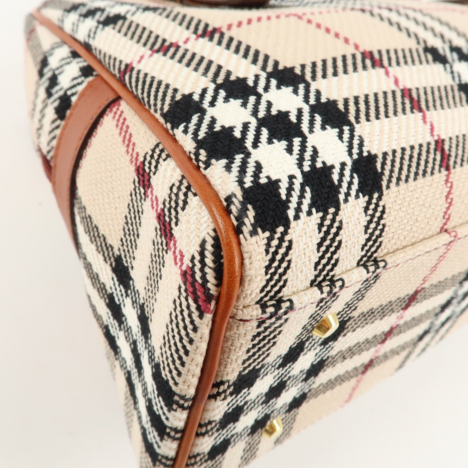 BURBERRY Leather Hand Bag Boston Bag Nova Plaid Brown Used