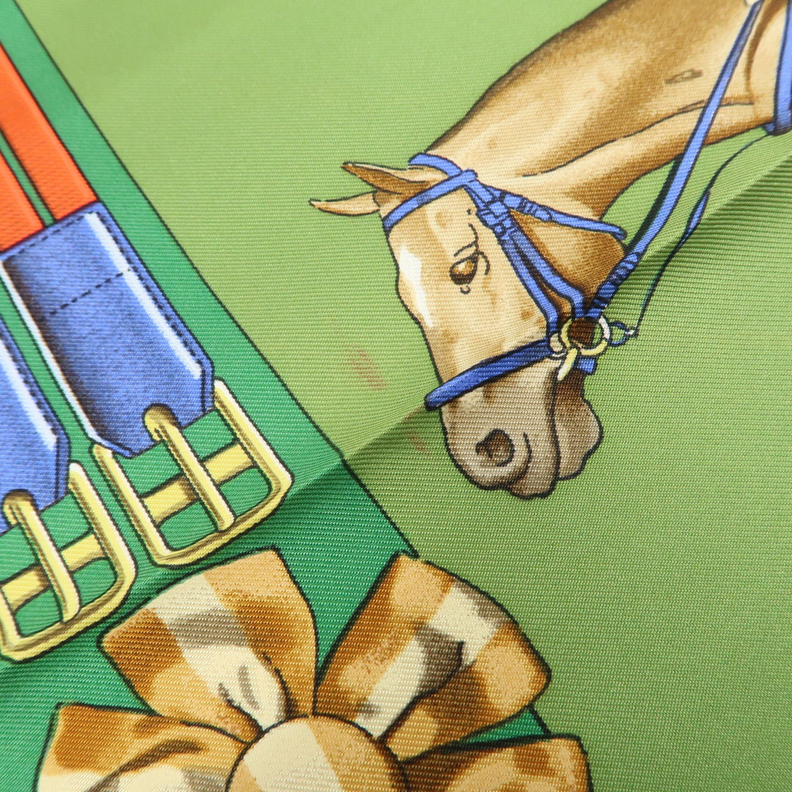 HERMES Carre 90 100% Silk Scarf JUMPING Riding Horse Green Used