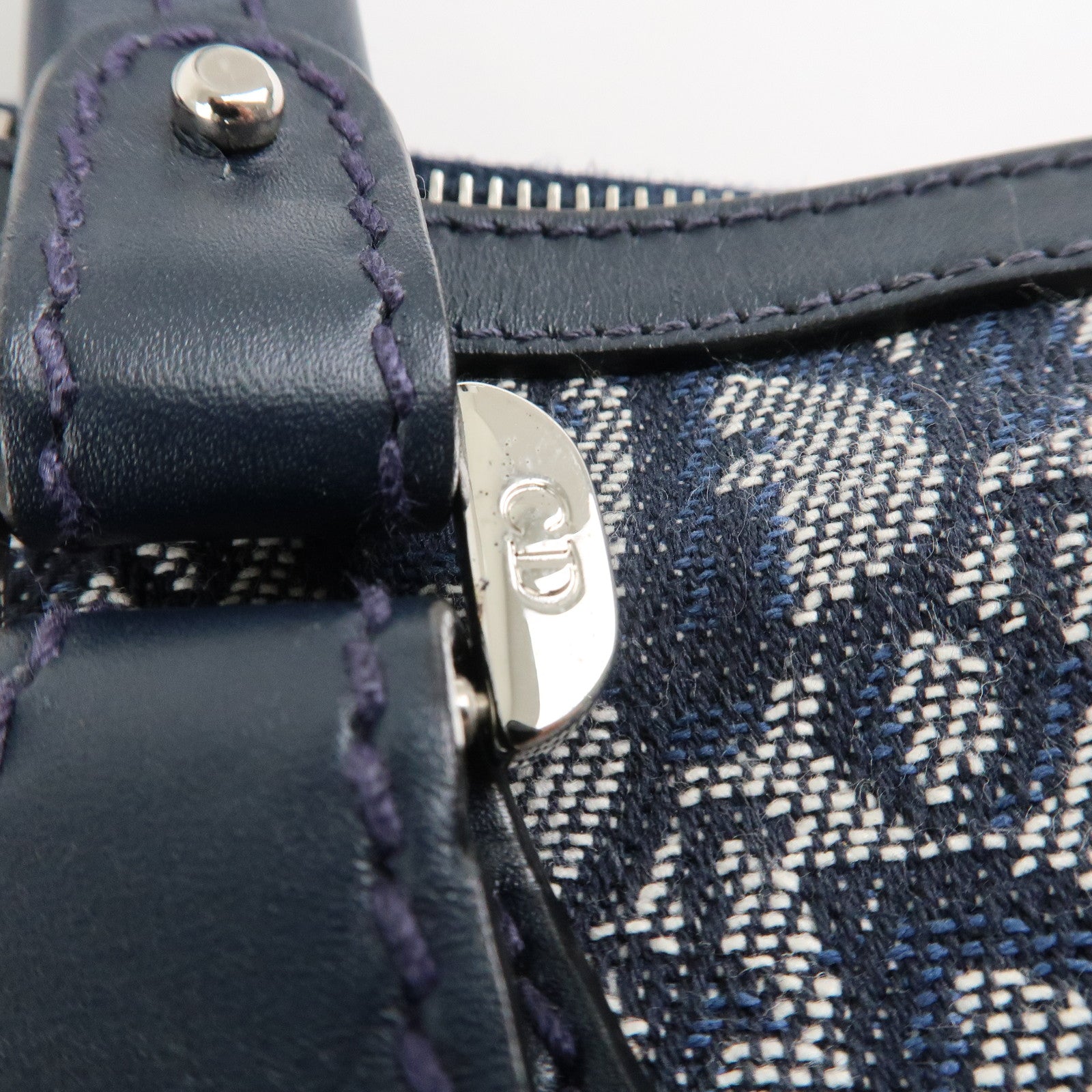 Christian Dior Trotter Canvas Leather Tote Bag Hand Bag Navy White Used