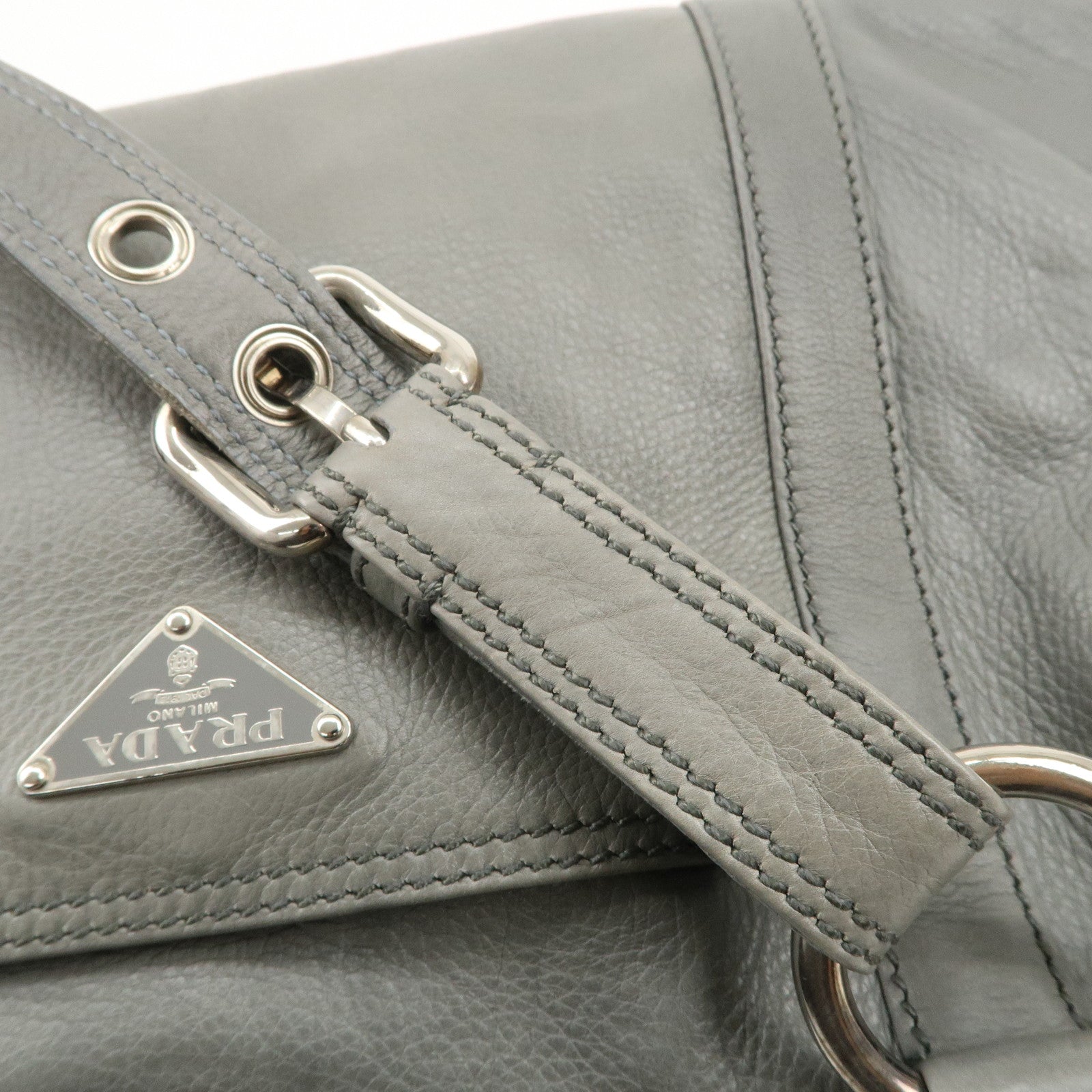 PRADA Leather Boston Bag Shoulder Bag Gray Silver Hardware