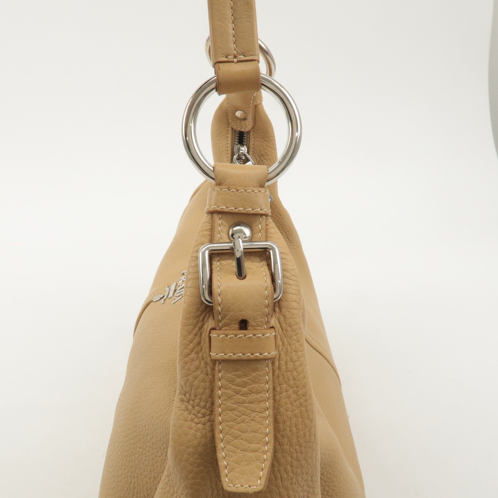 PRADA Logo Leather One Shoulder Bag Hand Bag Beige BR4373