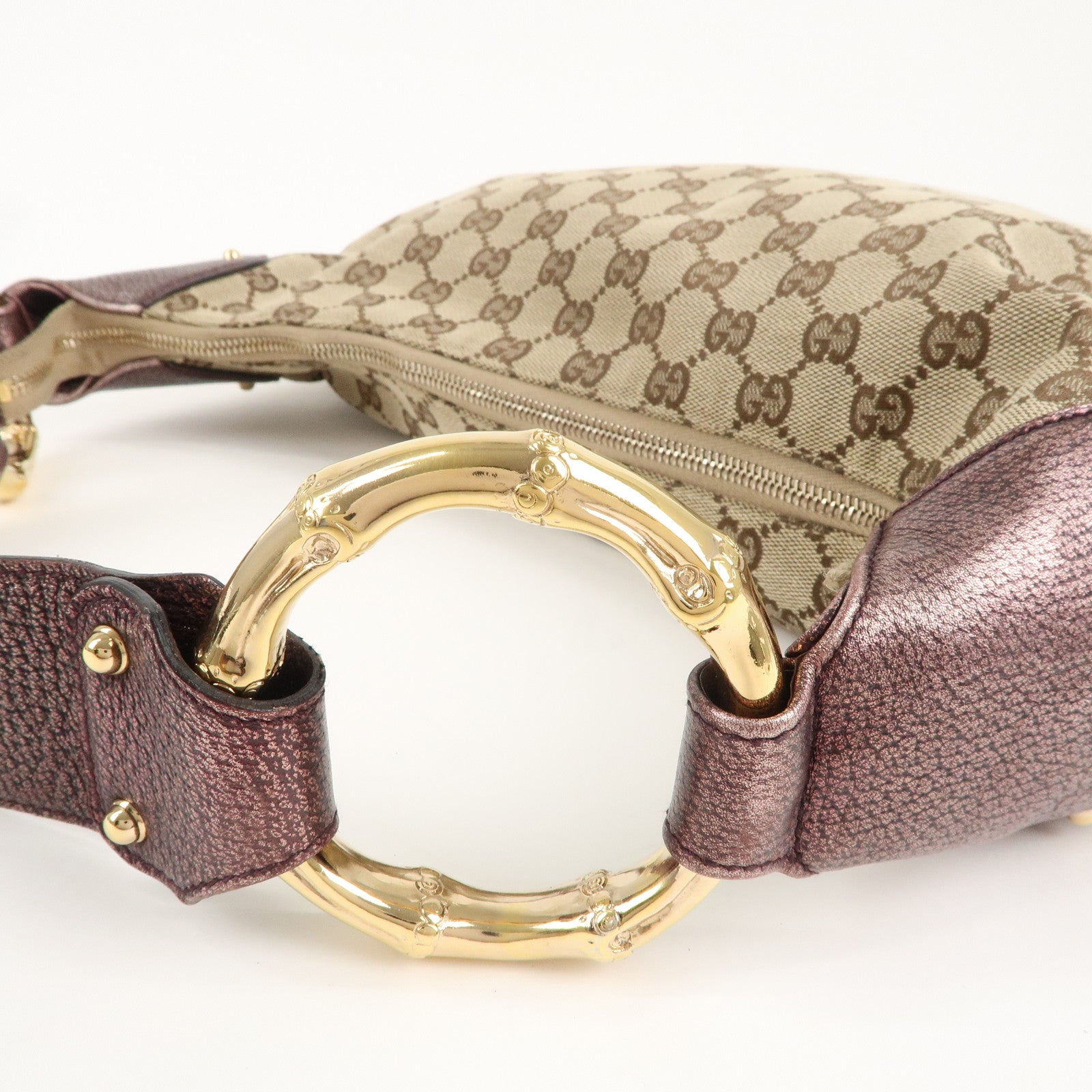 GUCCI Bamboo GG Canvas Leather One-Shoulder Bag Purple 131038