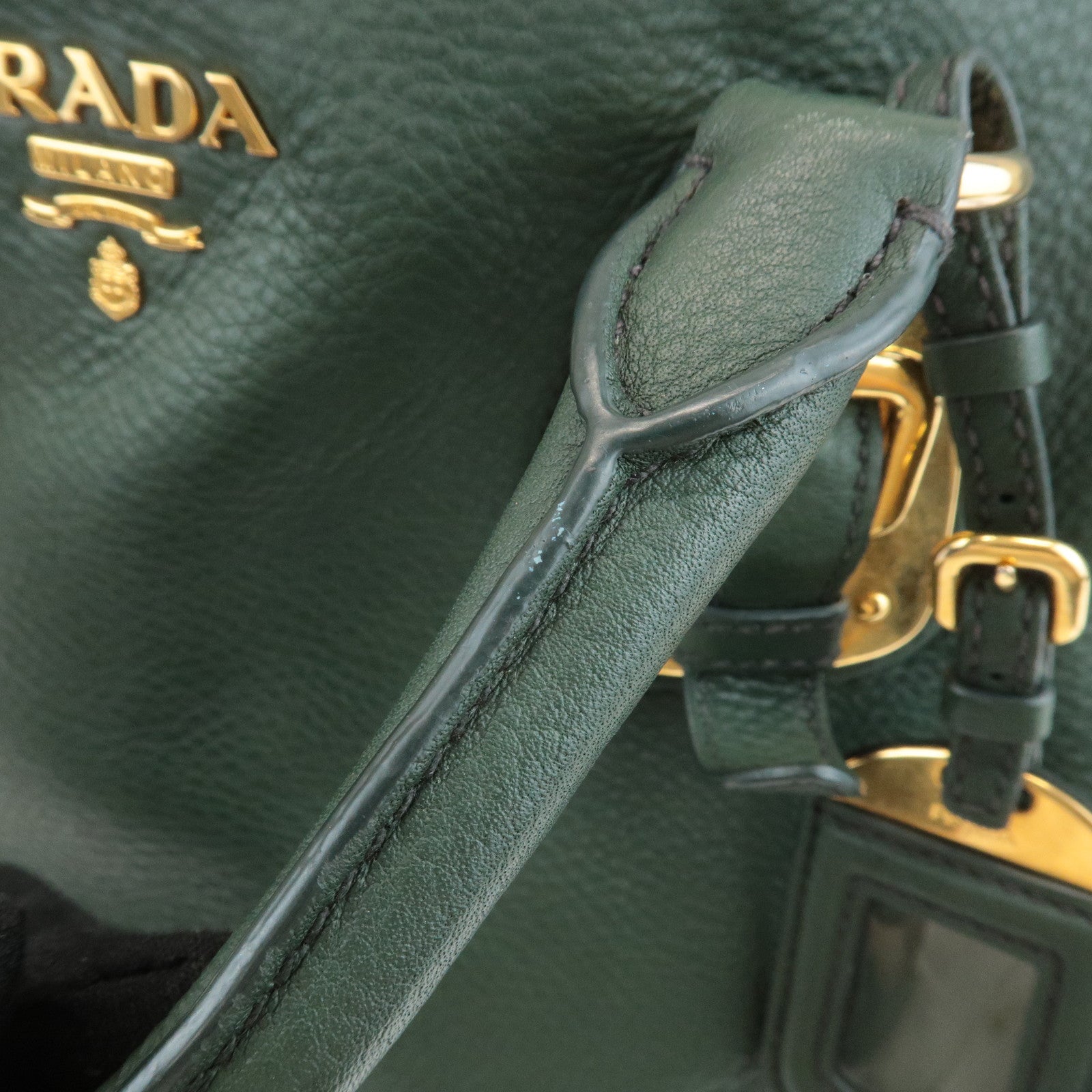 PRADA Leather 2Way Hand Bag Shoulder Bag Green Gold Hardware