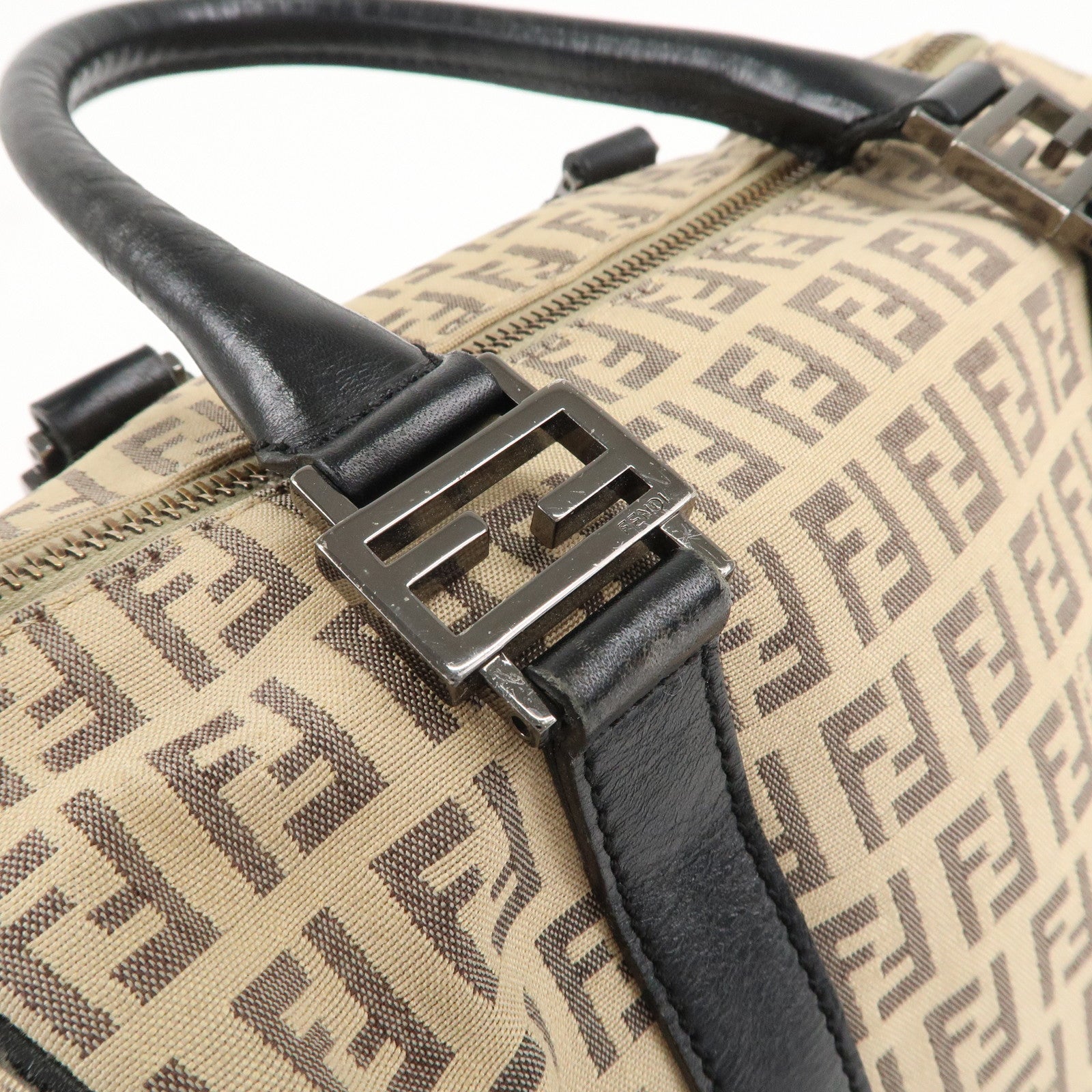 FENDI Zucchino Canvas Leather Mini Boston Bag Beige Black