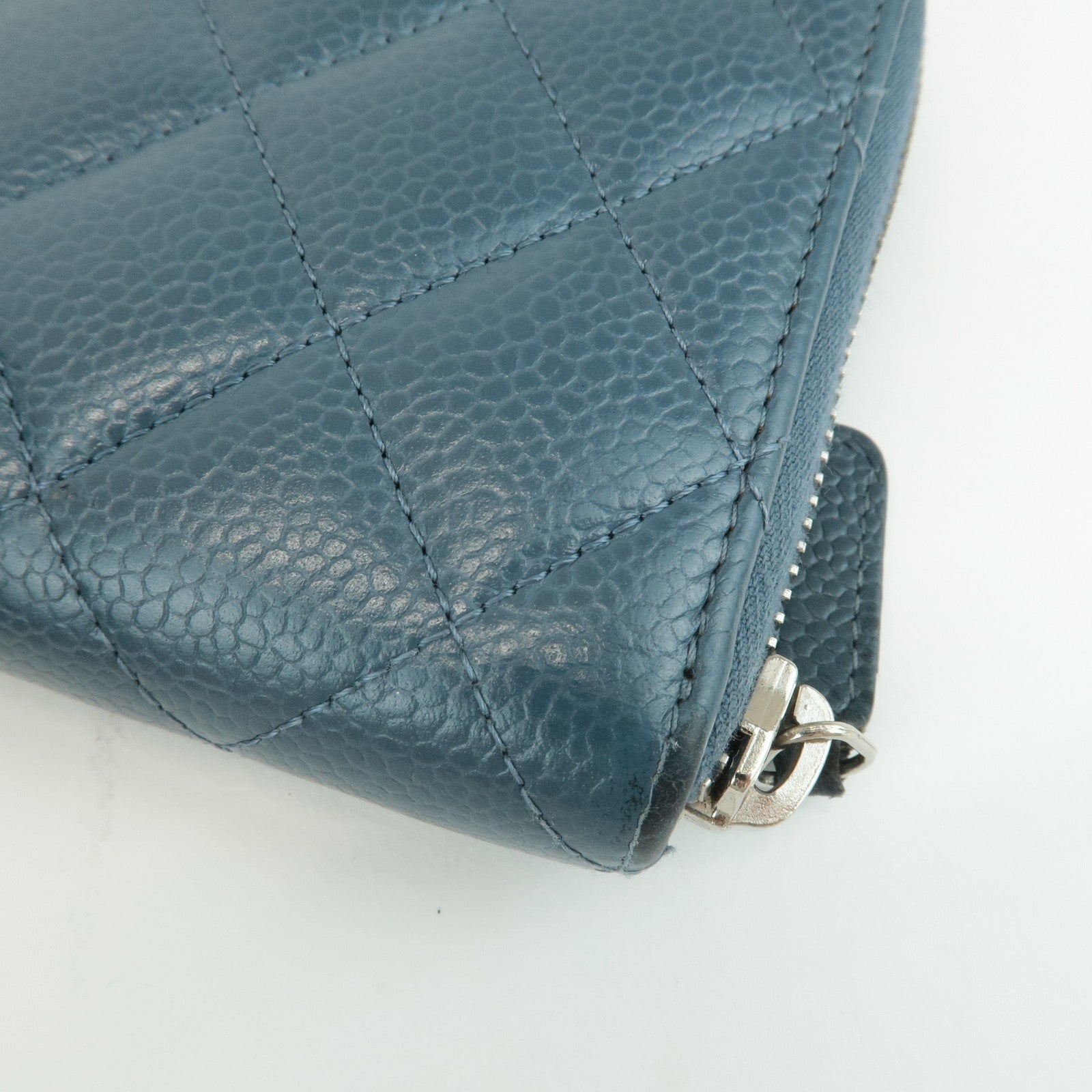 CHANEL Matelasse Caviar Skin Round Zippy Long Wallet Blue A50097