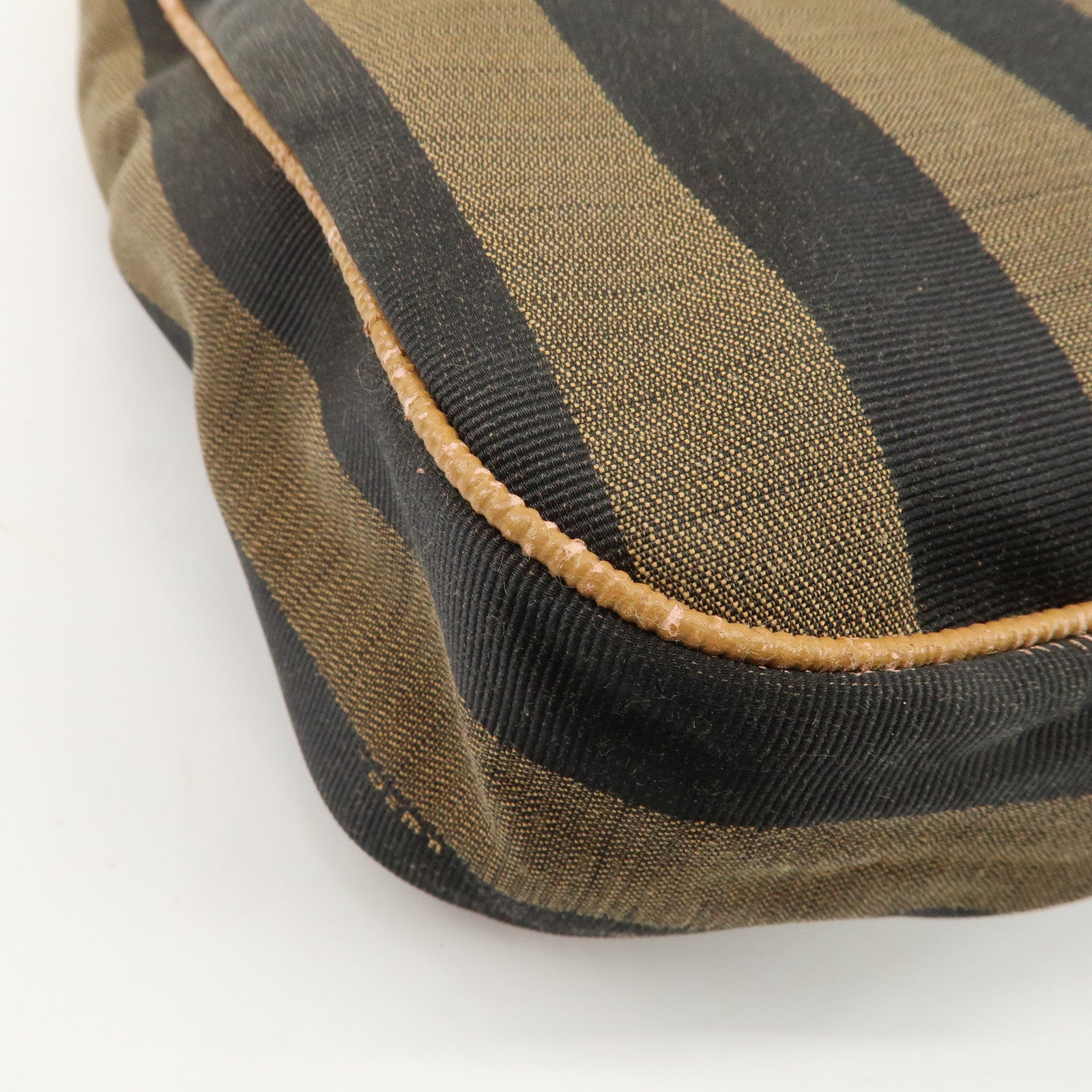 FENDI Pequin Canvas Leather Shoulder Bag Brown Black Used