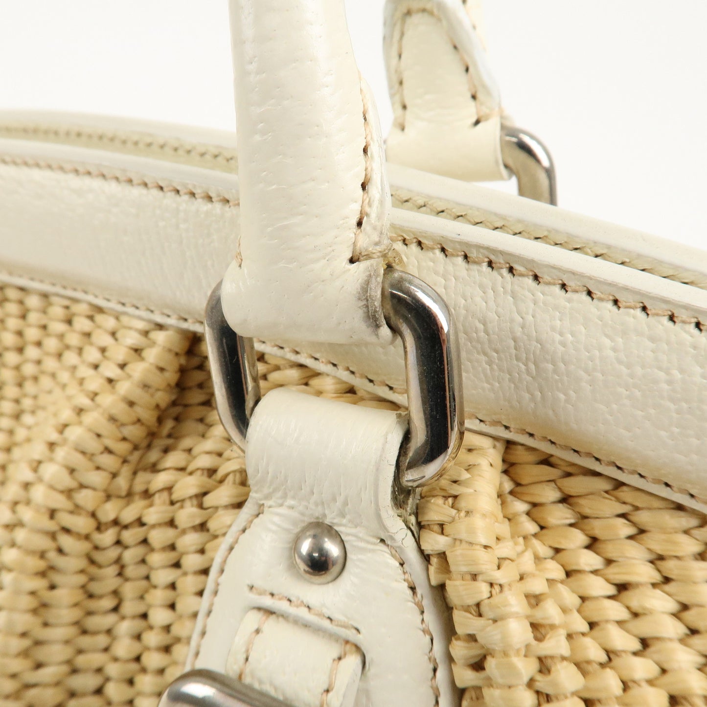 PRADA Logo Raffia Leather Hand Bag Shoulder Bag Ivory BR3508