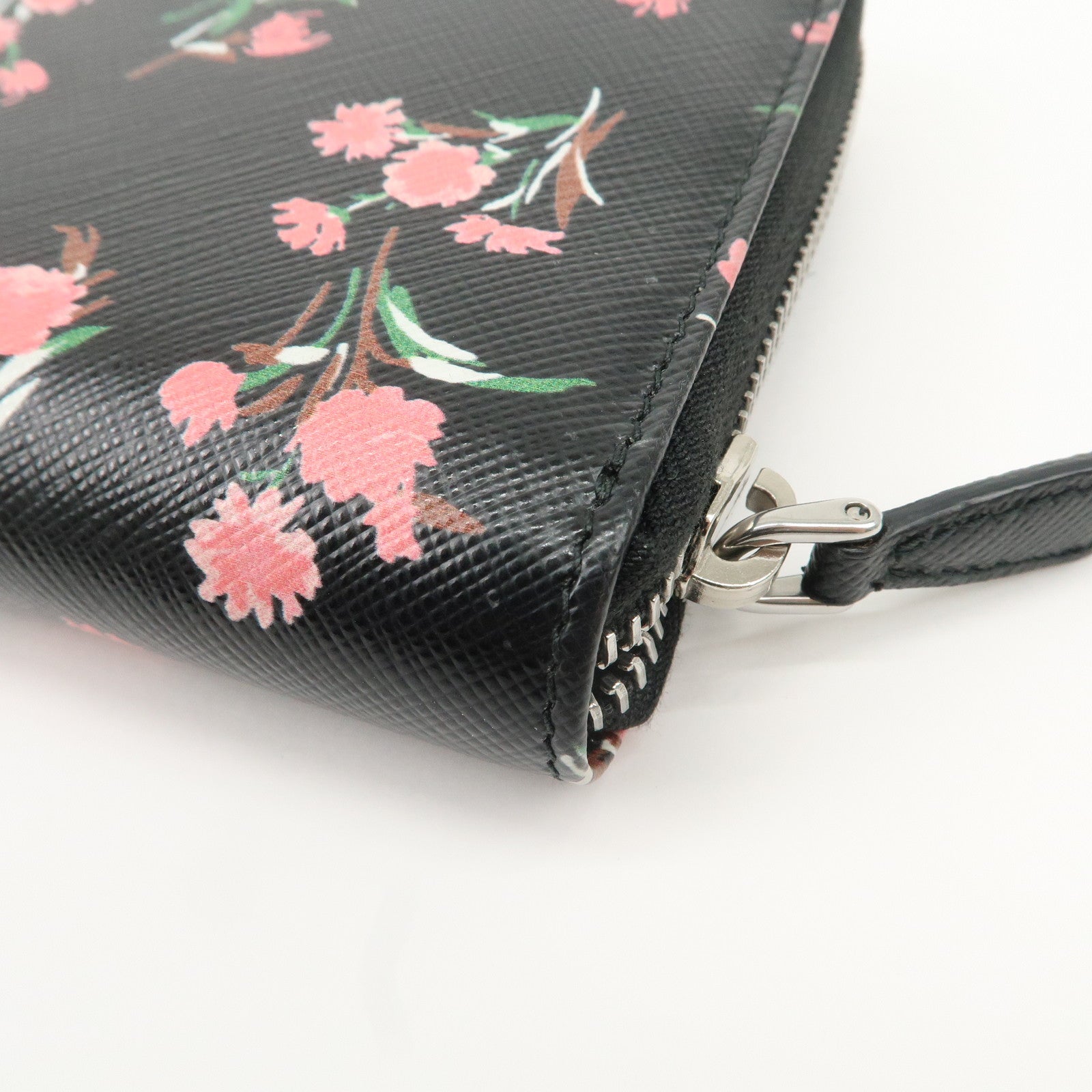 PRADA Logo Leather Round Zipper Long Wallet Flower 1ML506