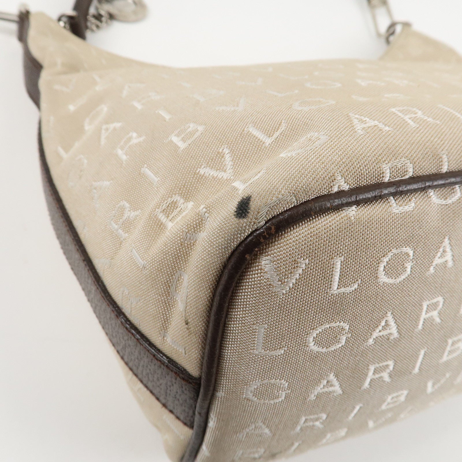 BVLGARI Logomania Canvas Leather Shoulder Bag Beige Dark Brown