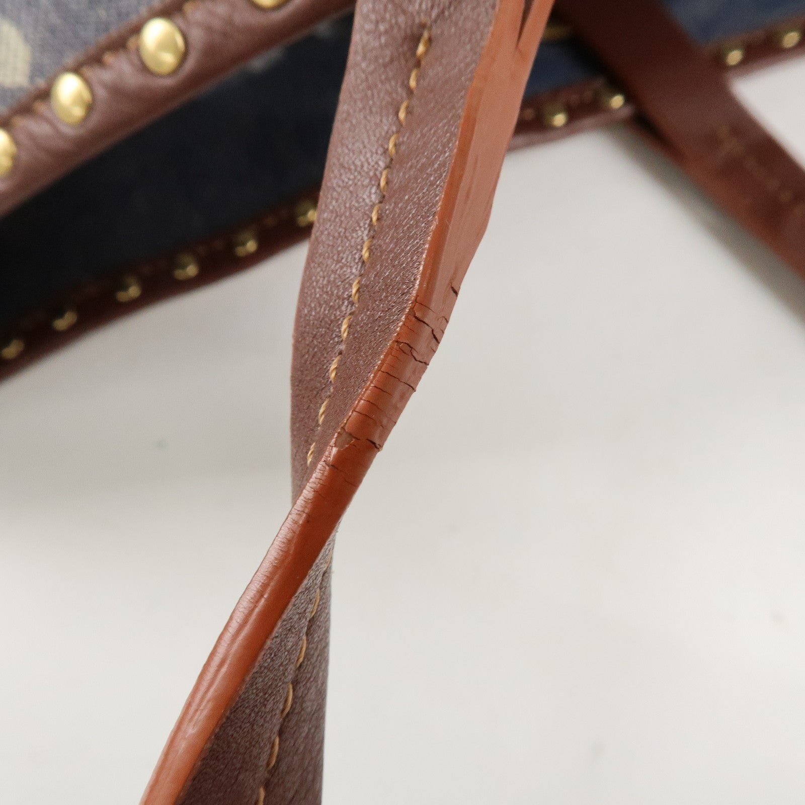 CELINE Macadam Denim Leather Studs Tote Bag Navy Brown Used